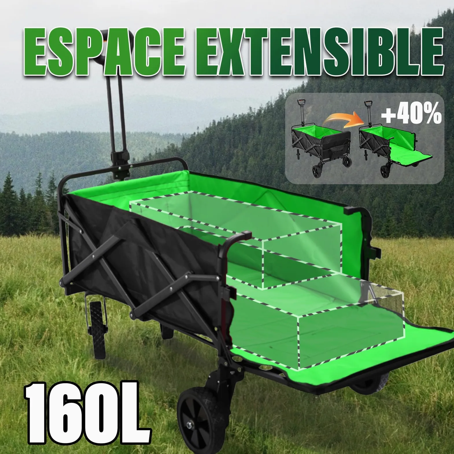 Chariot Électrique Pliable Tout -Terrain 160L/50kg avec Hayon, Noir | Chariot de Plage Pliable, Motorisation 4000mAh, Pneus Renforcés pour Plage, Camping, Jardin et Courses