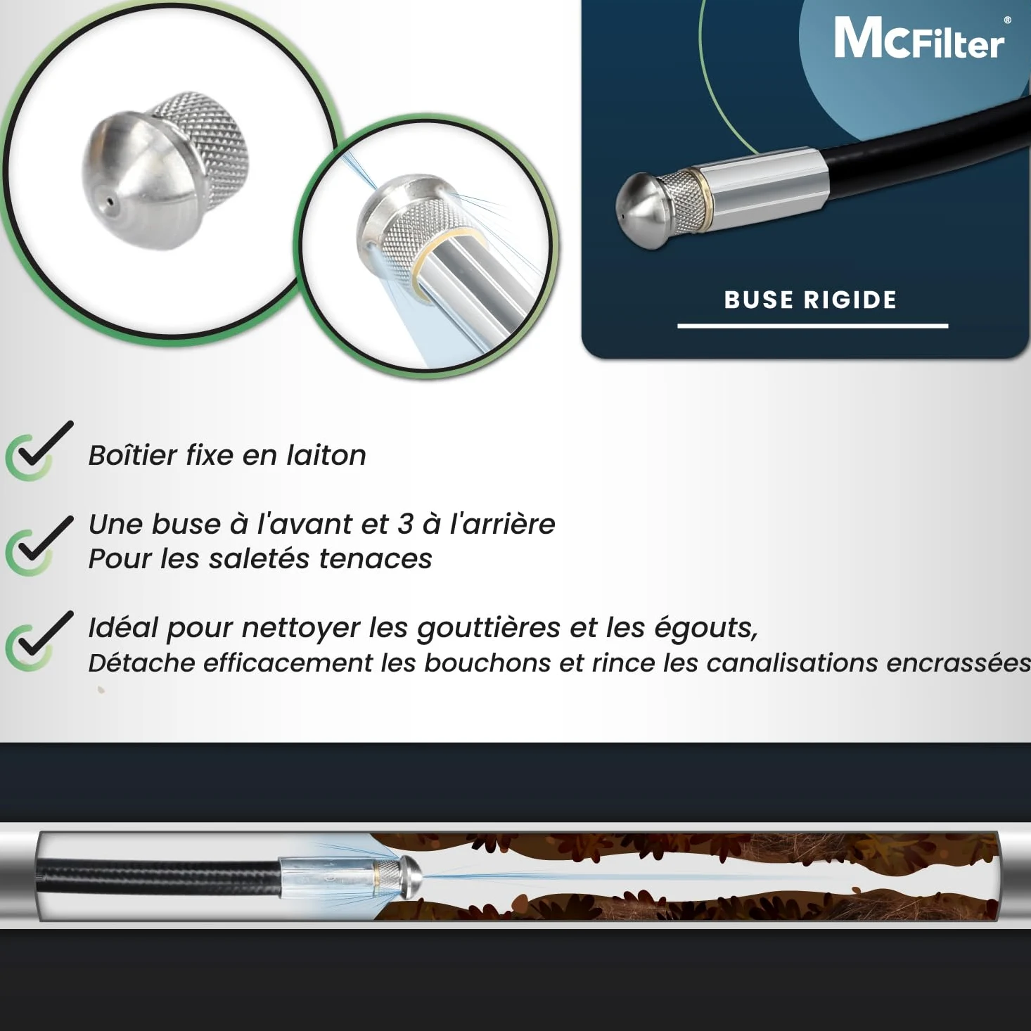 McFilter I Kit universel de tuyaux de nettoyage, 30m, 200 bar, sacoche avec adaptateur incluse, buses fixes + rotatives, compatible avec les nettoyeurs haute pression Kärcher K2 K3 K4 K5 K6 K7