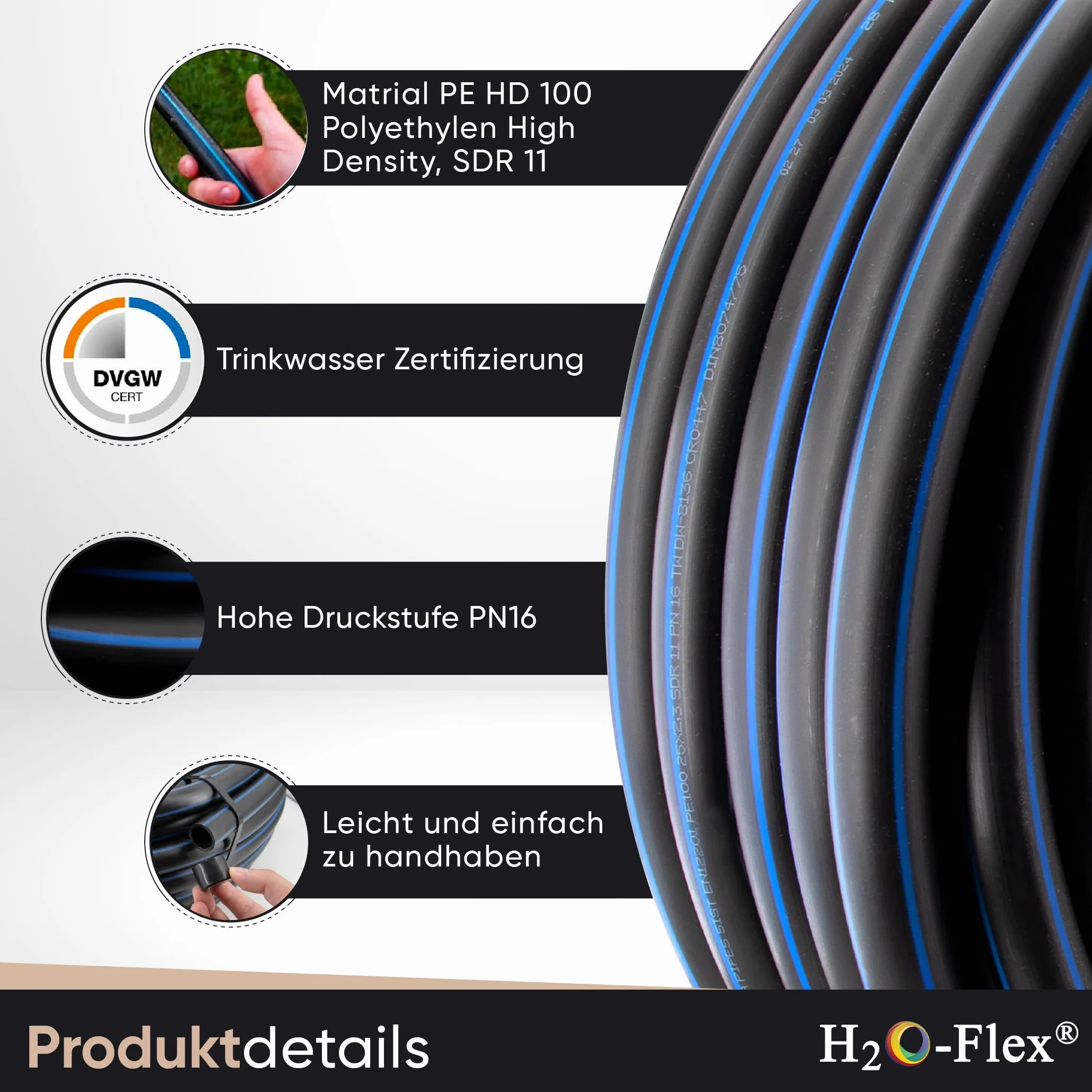 Tuyau PE100 HD 25 x 2,3 mm HDPE PN16 Conduite d'eau potable DVGW 100 m