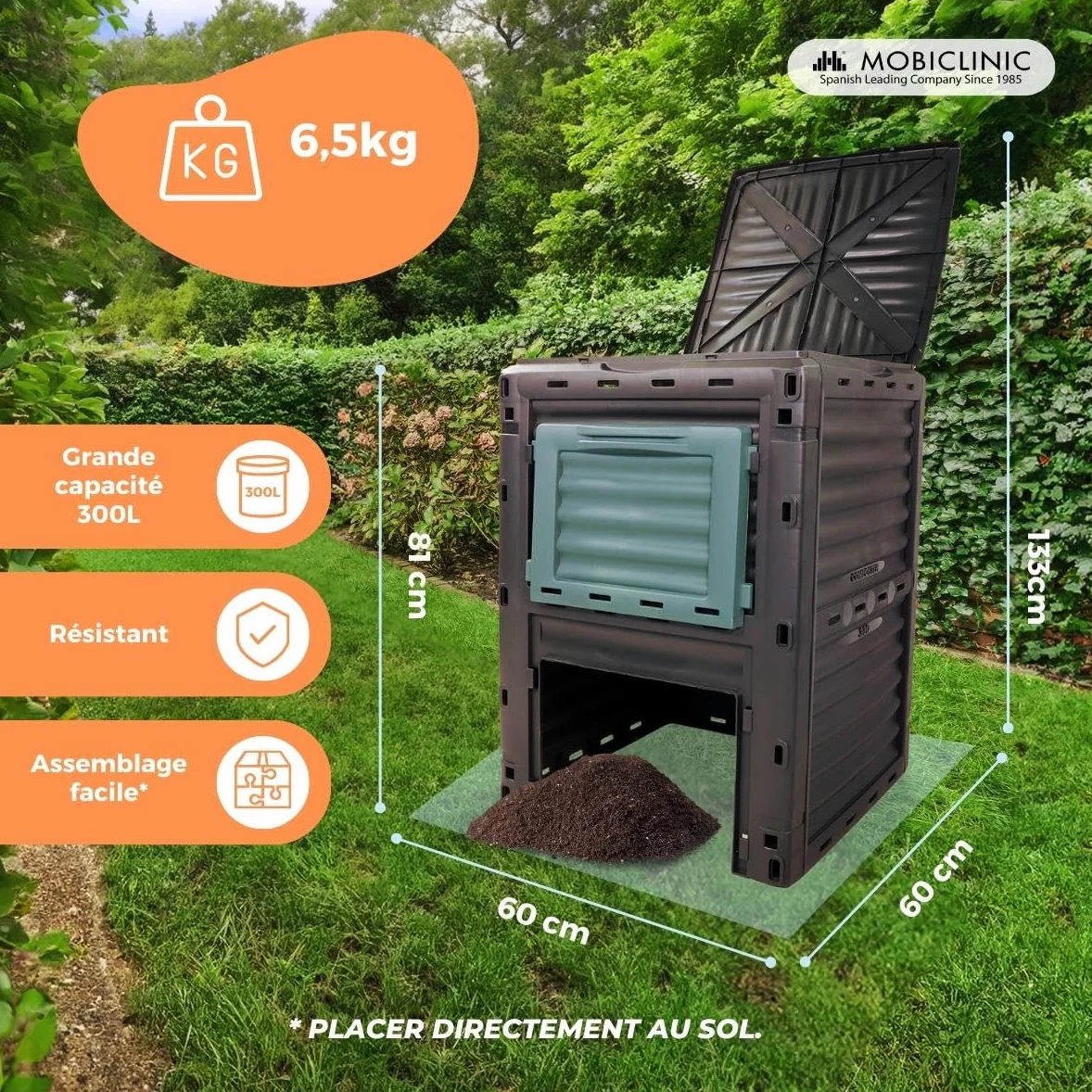 Mobiclinic®, Composteur de Jardin, Biobin, sans Frais supplémentaires, 300l, Ecologique, Transformateur déchets, Outils, Grilles d'aération, Transforme Les en Compost Naturel