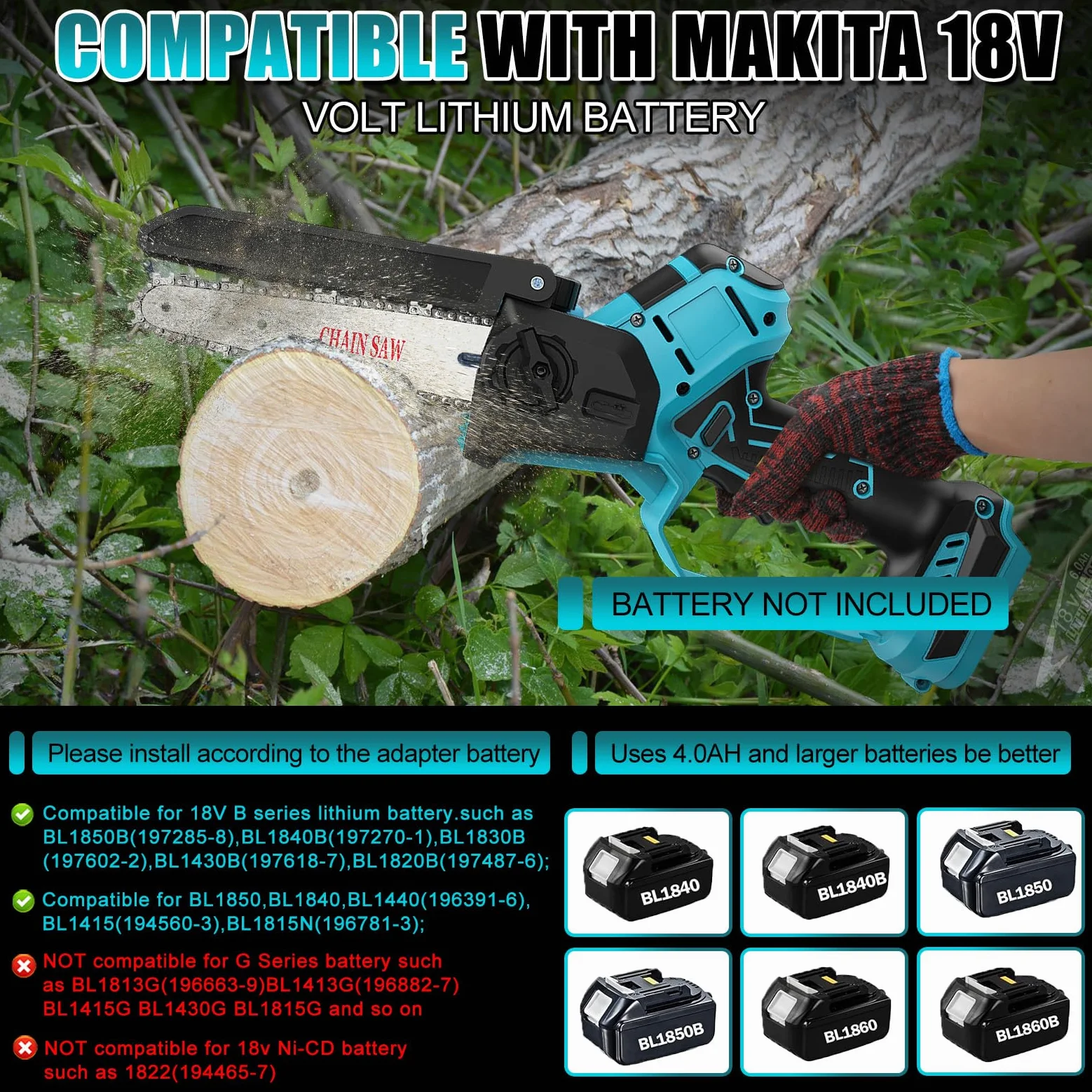 Mini tronçonneuse sans fil compatible avec Makita 18 V (sans batterie) | tronçonneuse électrique de 20,3 cm et 15,2 cm avec chaîne, huile automatique, scie à chaîne pour outils de jardin