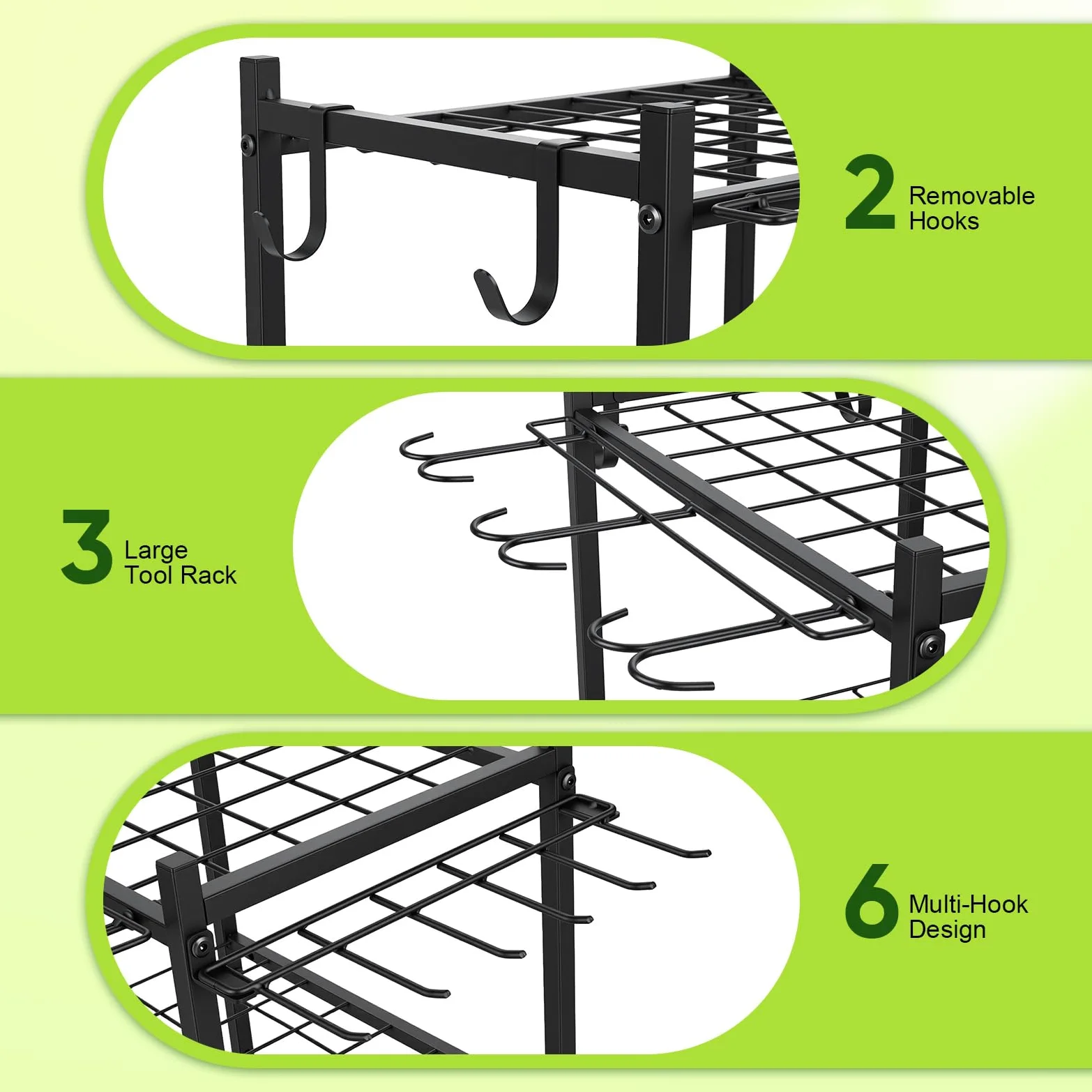 Étagère de rangement pour outils de jardin - 4 crochets et 35 fentes - En acier au carbone - Multifonction - Avec roulettes - Pour abri de jardin, balais, serpillère, râteau, pelle, tuyau d'arrosage