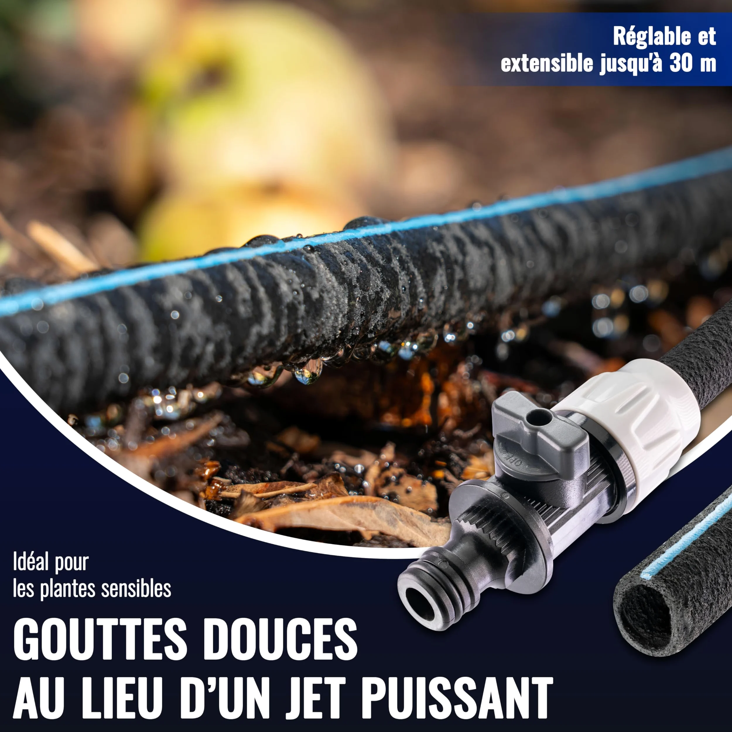 Poppstar Tuyau microporeux 30m (tuyau suintant goutte à goutte) Ø intérieur 12,7 mm (1/2"), raccord rapide avec vanne manuelle intégrée, noir