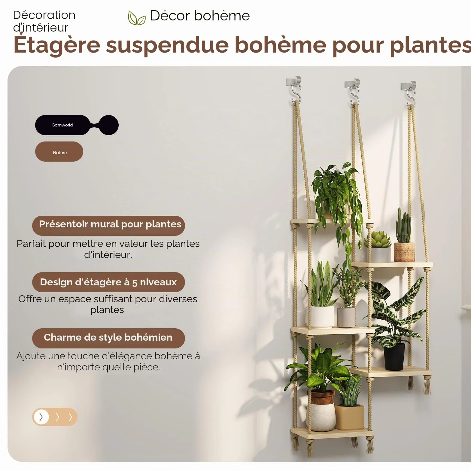 Bamworld Étagères suspendues murales en Bois pour Plantes d'intérieur - Support pour Rebord de fenêtre - Décoration Salon