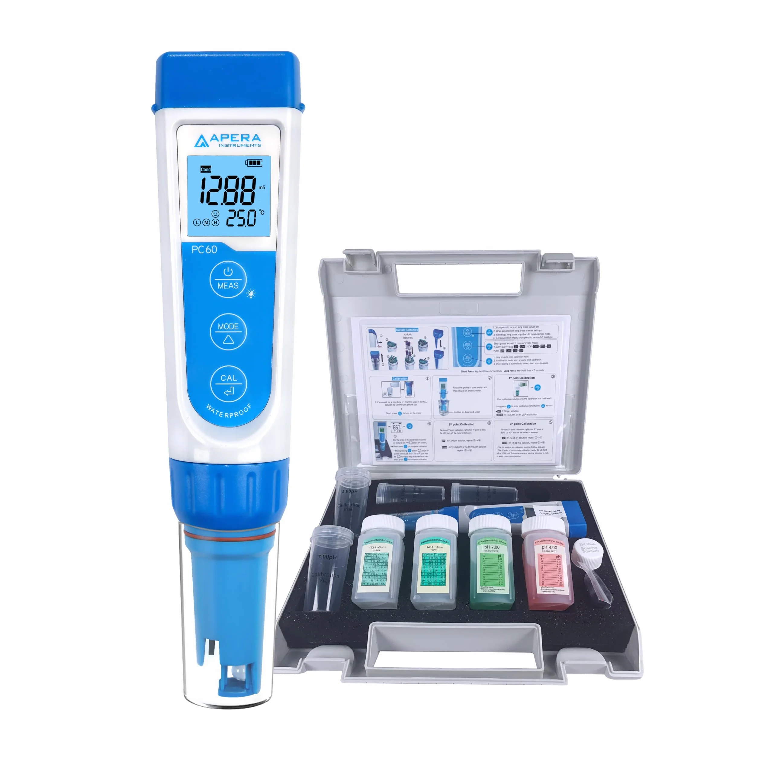 Apera Instruments PC60 Testeur de poche multi-paramètres pH/EC/TDS/salinité avec sonde remplaçable, étanche, ± 0,01 pH/1% de précision, -2,00-16,00 pH ; 0-20,00 mS/cm, capteur de température ± 0,5 °C