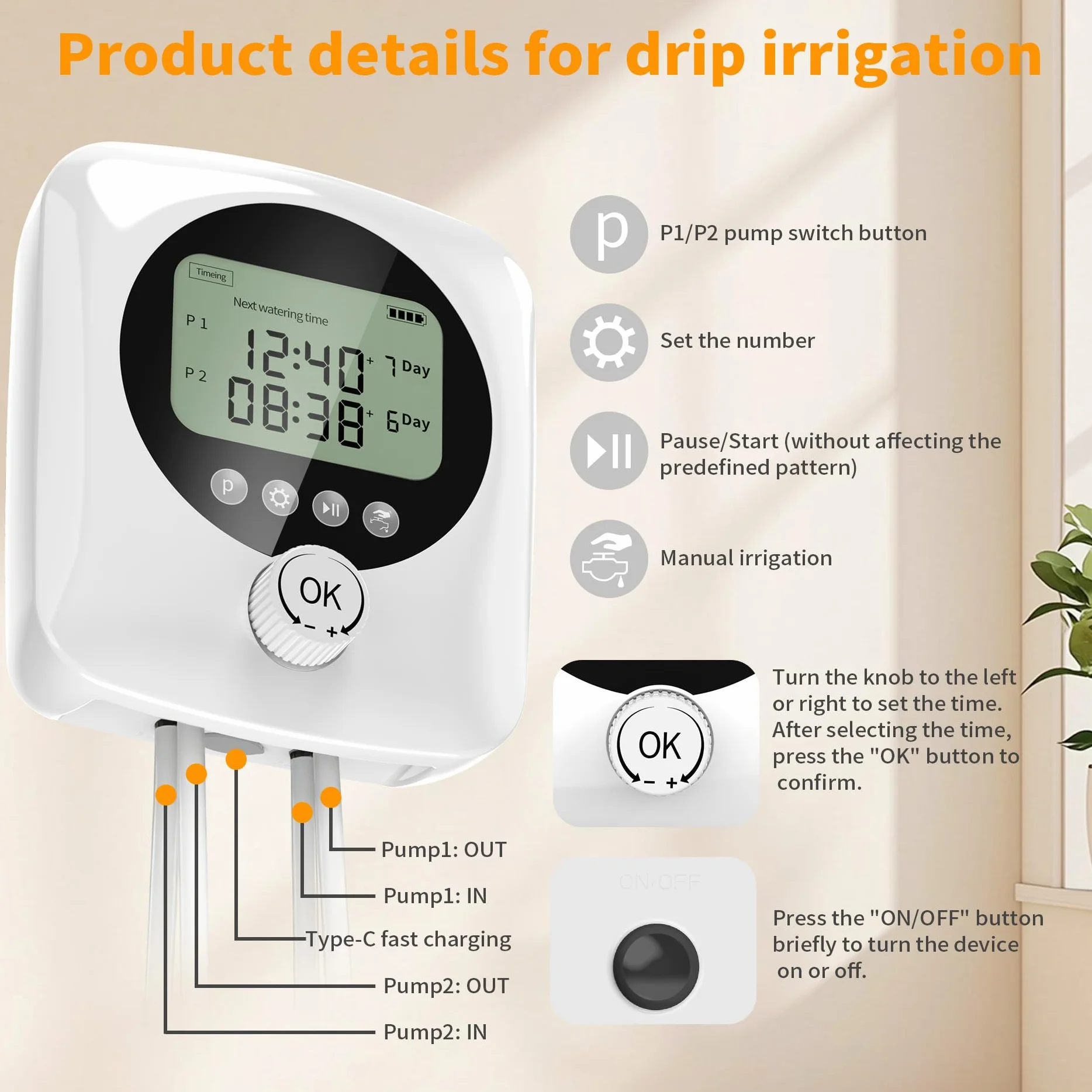 Arrosage Automatique Double Pompe Kit Goutte à Goutte Rechargeable USB-C 4400mAh, Programmateur avec Minuterie Réglable, Débit 800ML/Min, 20m Tuyau + 30 Goutteurs pour Jardin Balcon