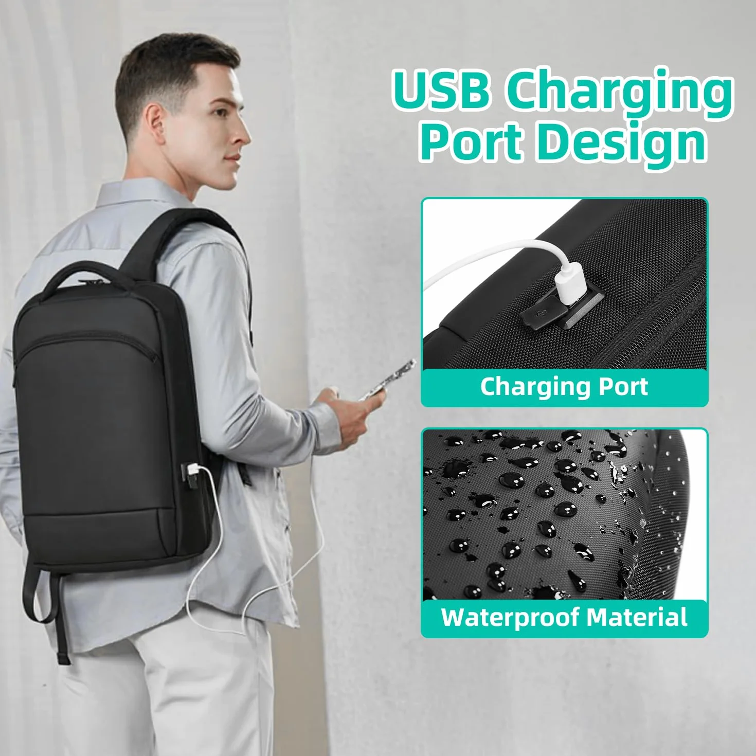 Sac à Dos PC Portable 15.6 Pouces Homme Impermeable USB Charging Port Voyage Travail Noir