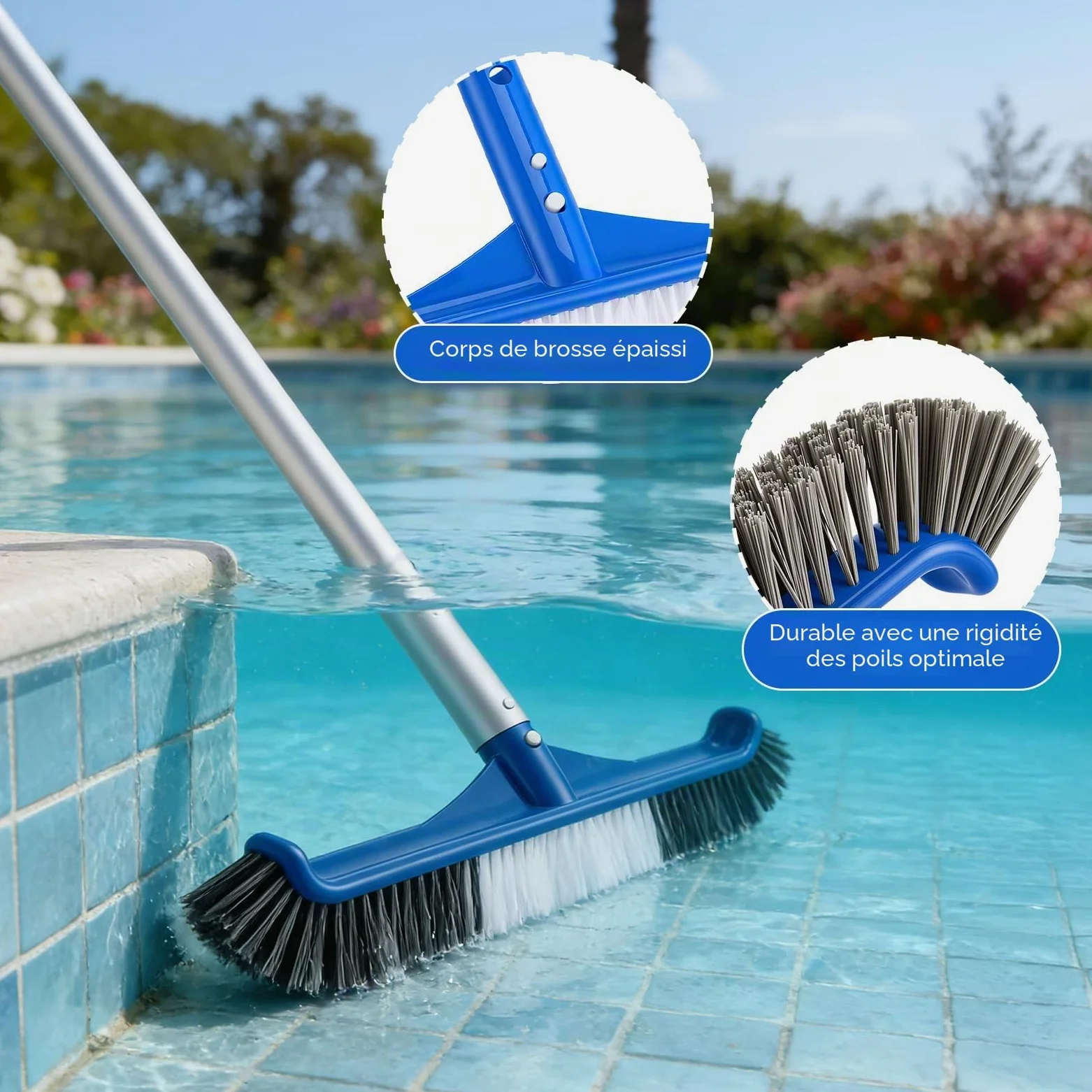 Kit de Nettoyage pour Piscine - Épuisette Piscine à Mailles Extra Fines et Brosse Piscine 45cm avec Manche 4 Sections pour Skimmer, Ramassage Feuilles - Accessoire Piscine Hors Sol