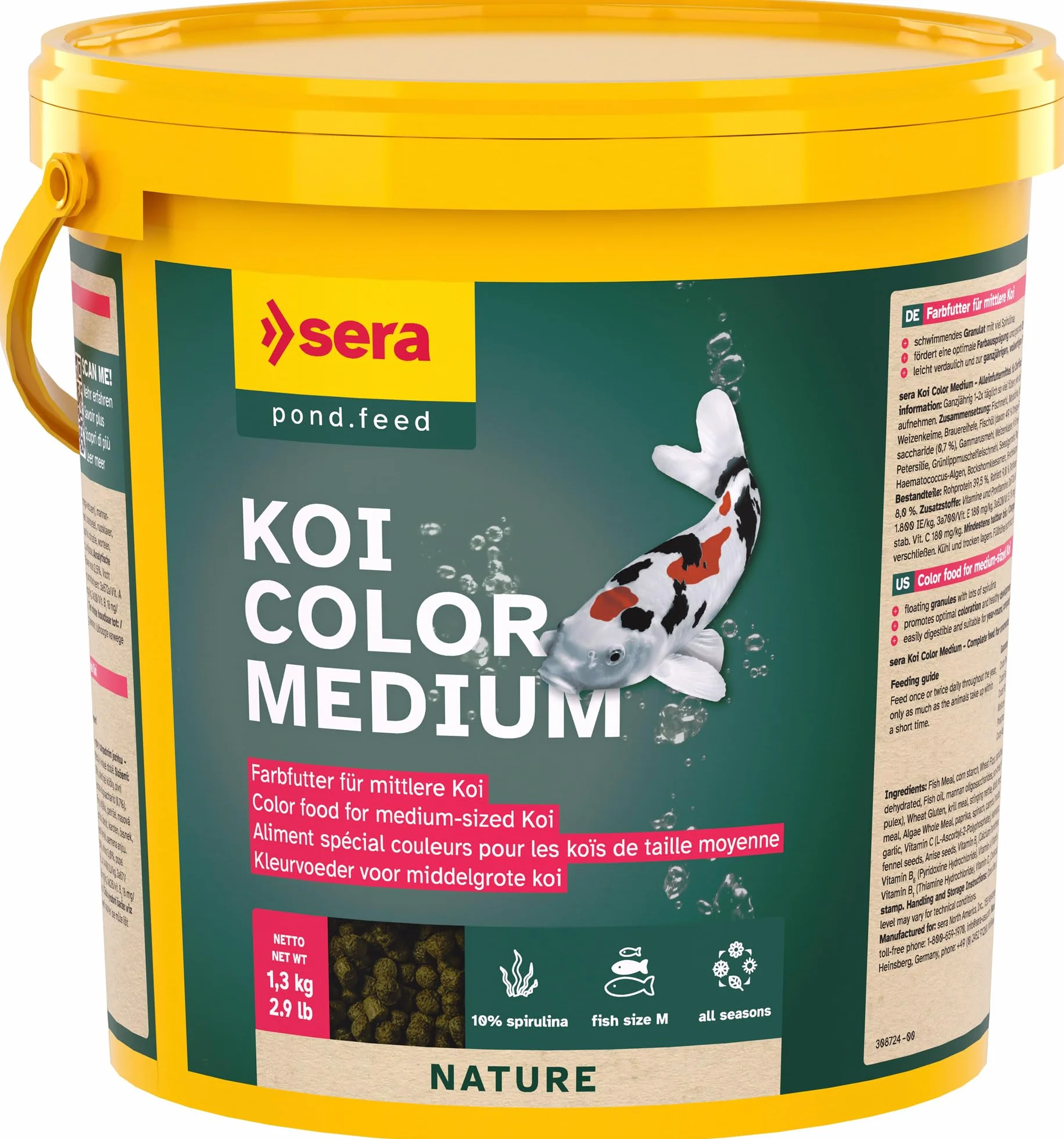 Sera Koi Color Medium 3,8 L (1,3 kg) Aliment spécial Couleurs Naturel granulés flottants pour koïs 12-25 cm