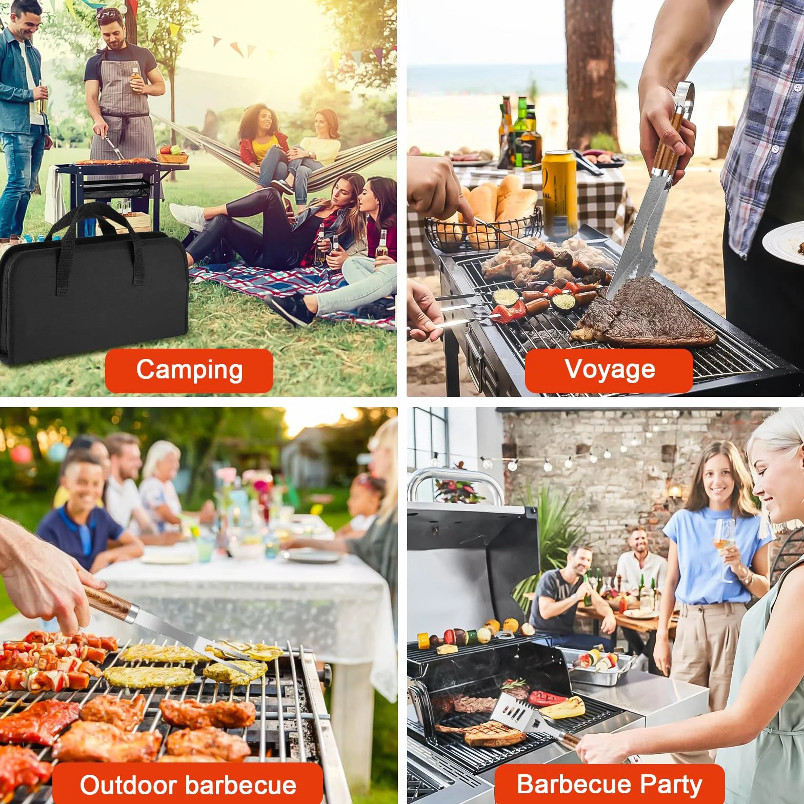Kit Barbecue 34 Pièces, Ustensiles en Acier Inoxydable, avec Sac de Rangement et Tapis de Cuisson