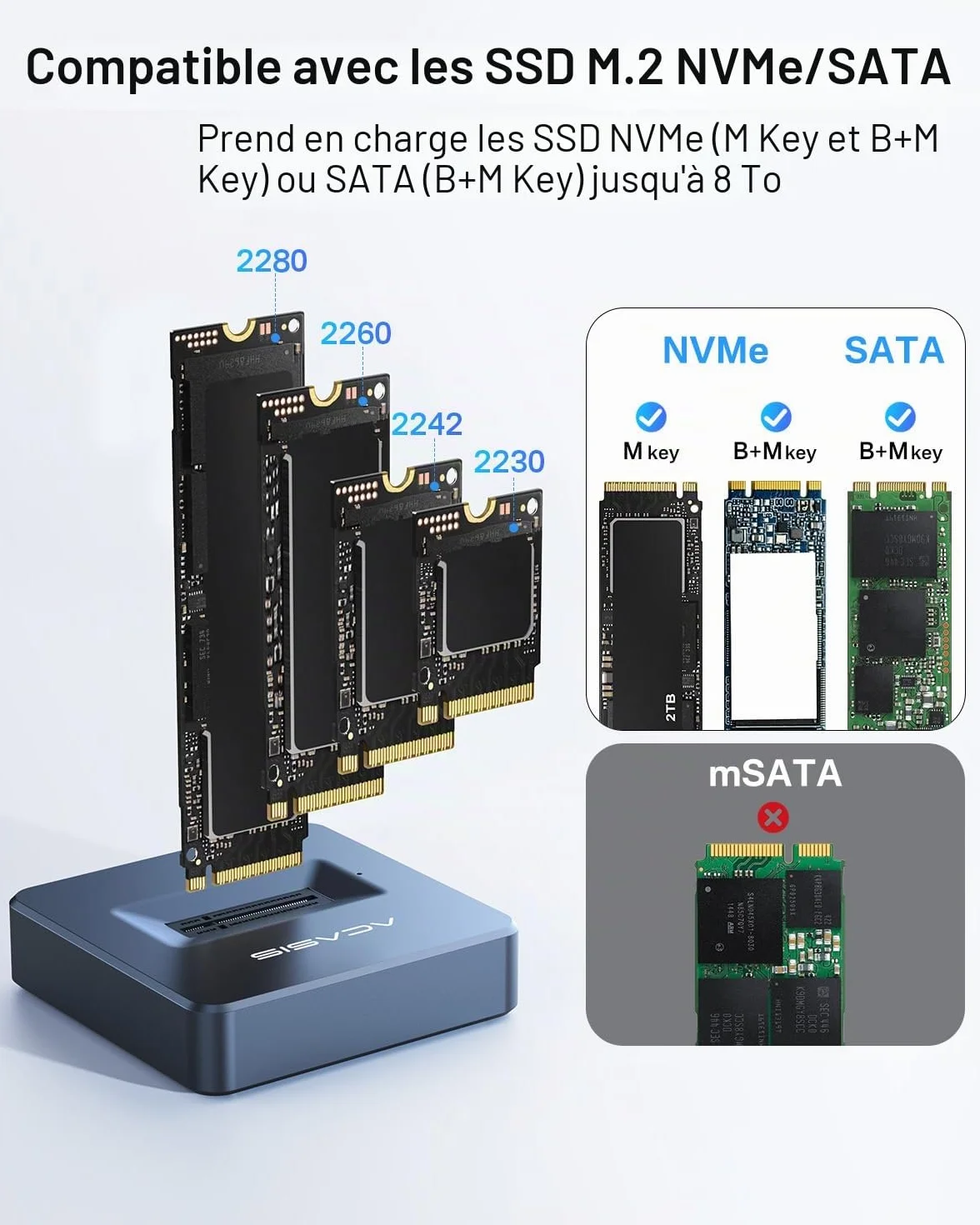 ACASIS Boîtier SSD M.2 NVMe SATA 10Gbps USB 3.2 Adaptateur M.2 vers USB pour SSD Externe Aluminium 2230/2242/2260/2280