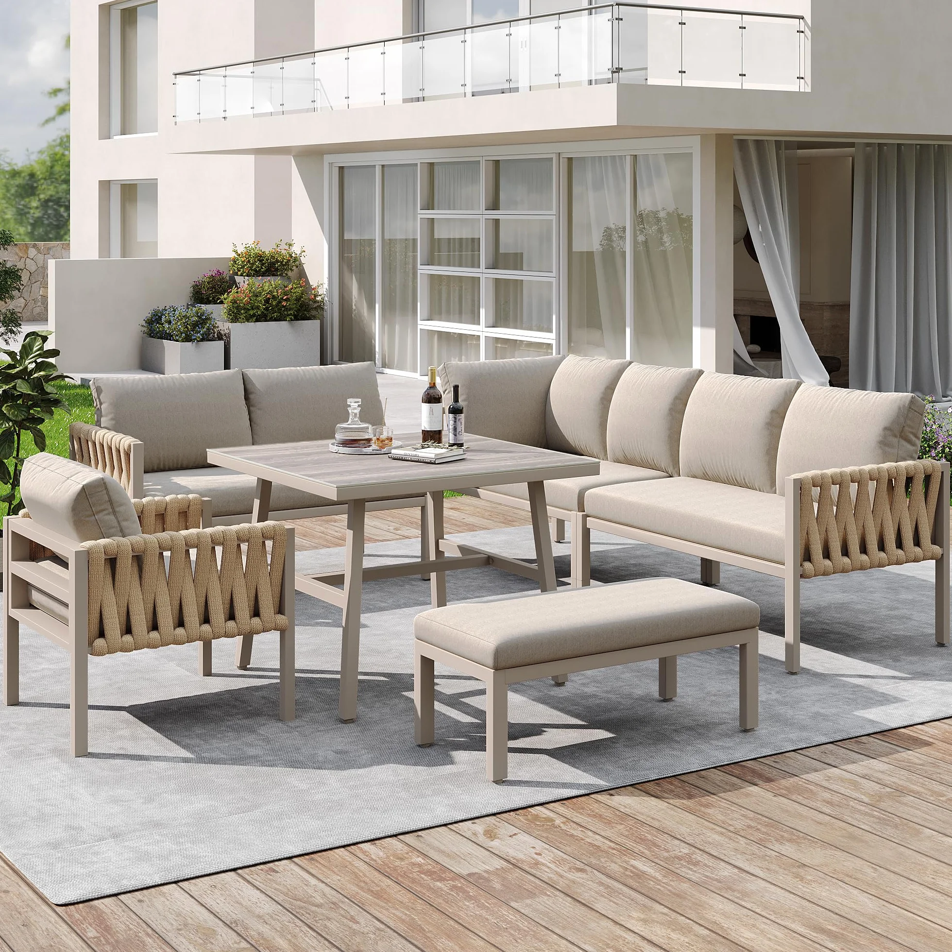 Ensemble Salon de Jardin Extérieur 8 Places Table Verre Trempé Métal Galvanisé Coussins Kaki 238x61x78 cm