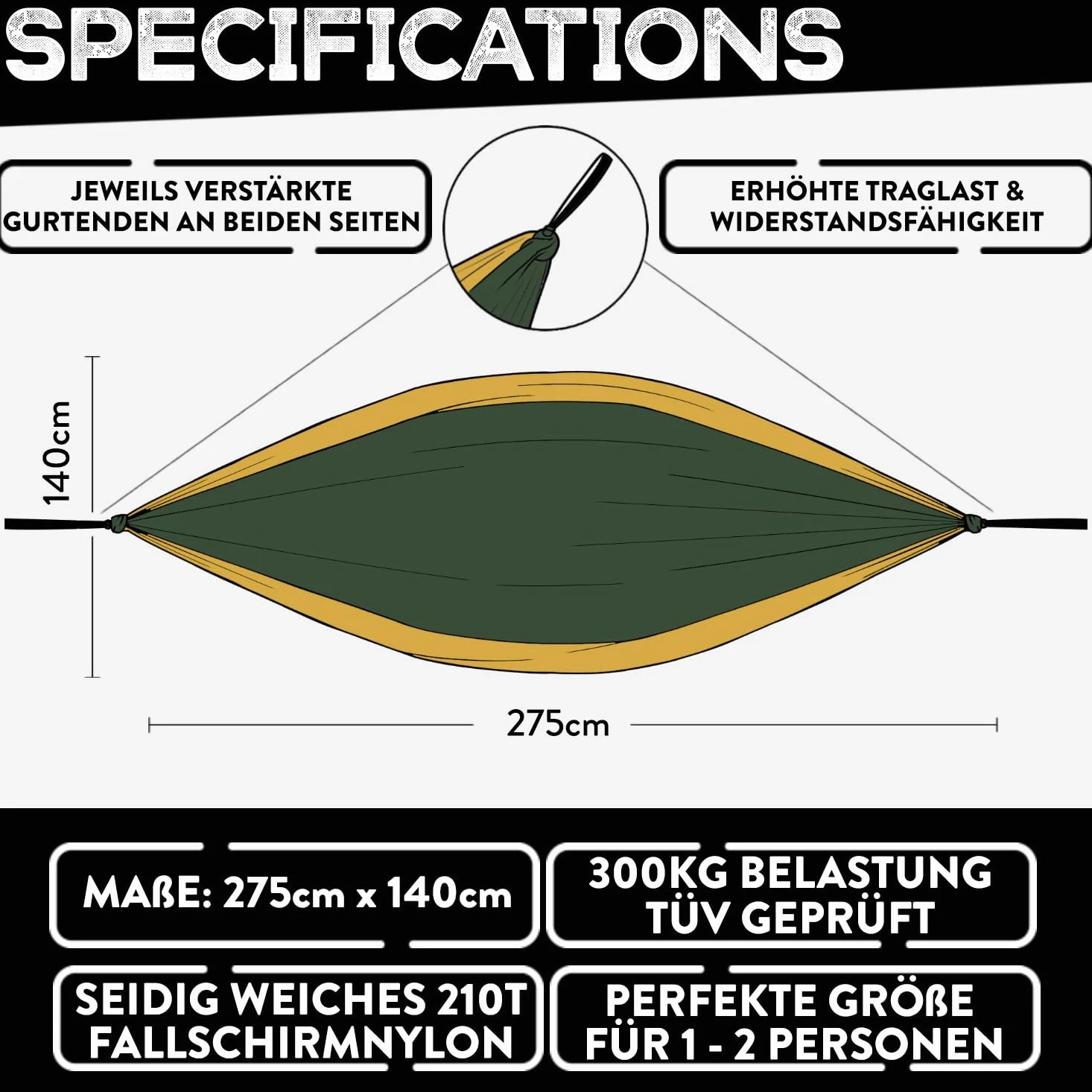 Hamac de Camping de qualité supérieure Ultra léger en Soie de Parachute Charge maximale : 300 kg 275 x 140 cm avec Crochet de Fixation avec Mousqueton pour Plage, Jardin,