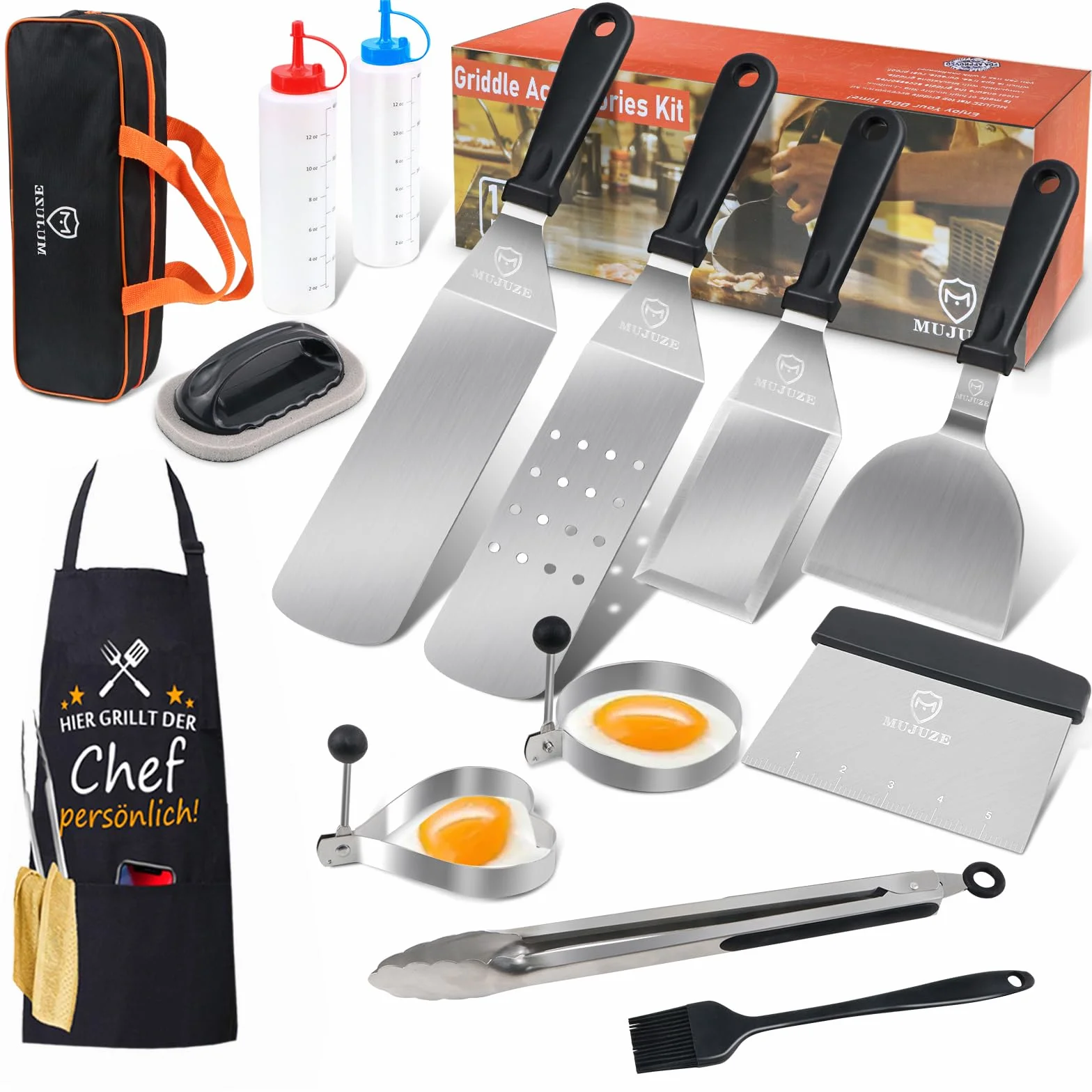 MUJUZE Set de Accessoire Plancha INOX, Spatule Professionnelle pour Barbecue Gril Teppanyaki