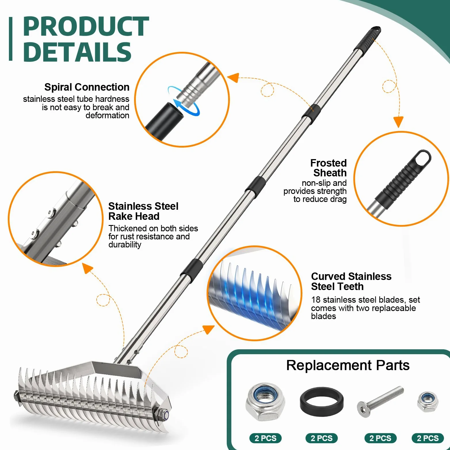 Scarificateur à Gazon Manuel 39,5 cm – Râteau Scarificateur Large avec Manche Ajustable 167 cm, Acier Inoxydable, pour Enlever Mousse, Gazon Mort, Feuilles & Débris