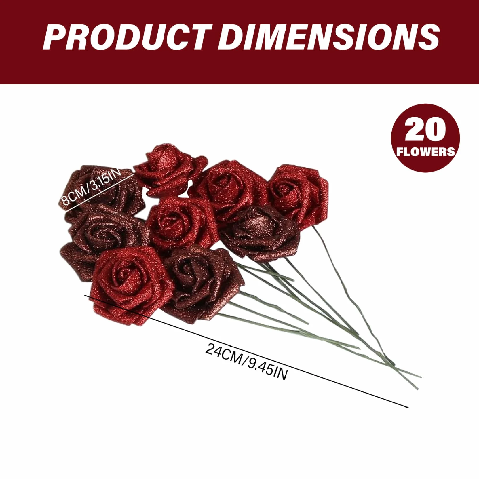 Bouquet de roses scintillantes 9,5 pouces fausses roses bricolage avec tige, rubans d'emballage et papier d'emballage