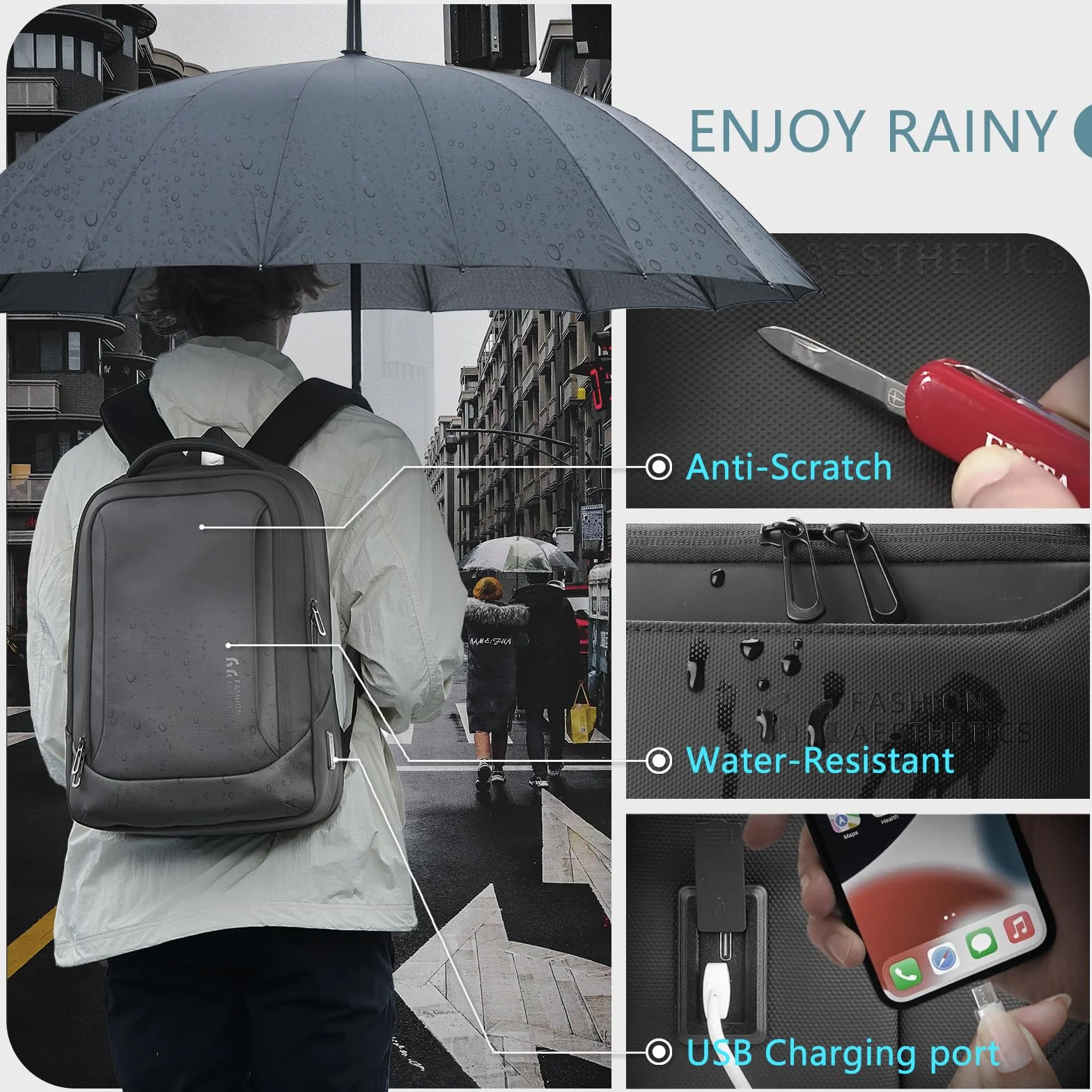Sac à dos Ordinateur Portable Double Port USB Impermeable Antivol Multifonction Homme Travail Voyage