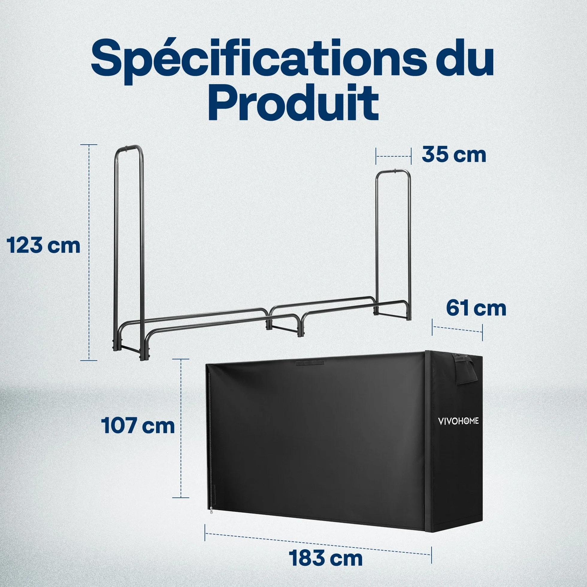 VIVOHOME Étagère pour Bois de Cheminée Housse Anthracite 183×123×35cm Support Bûches Chauffage Robuste Imperméable