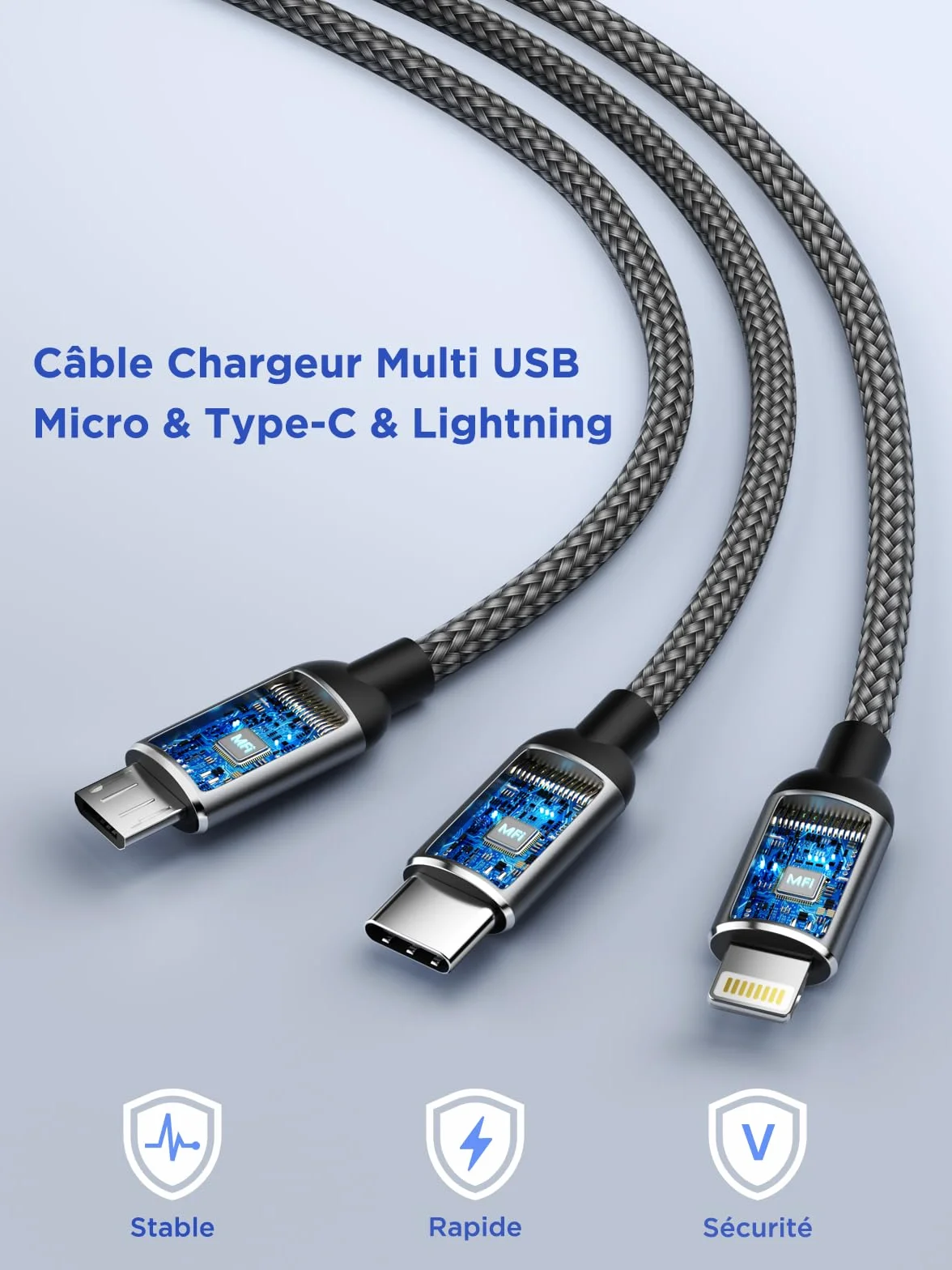Câble Multi USB 3 en 1 Universel Rapide 1.2M Nylon Tressé Micro USB Type C Lightning pour iPhone Samsung Huawei