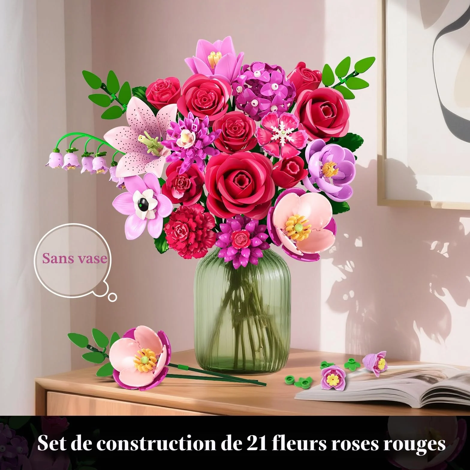 CUBIMANA Bouquet de Fleurs LED 21 Roses Rouges Collection Botanique 832PCS