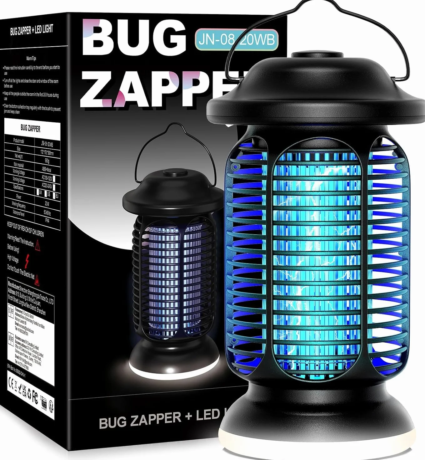 Lampe Anti Moustique 4000V Tue Mouche Électrique 20W UV IPX4 Étanche Piège à Insectes Extérieur Intérieur