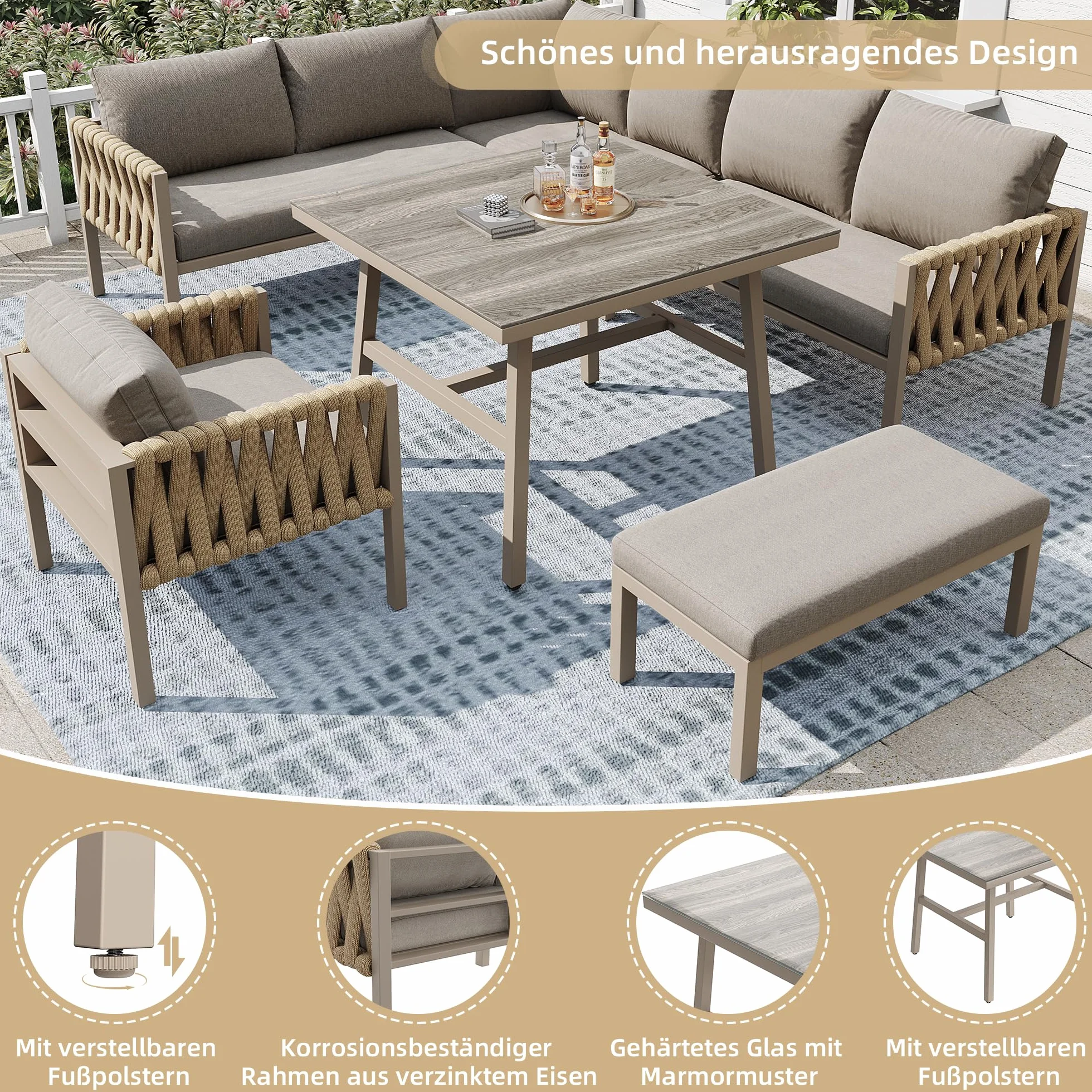Ensemble Salon de Jardin Extérieur 8 Places Table Verre Trempé Métal Galvanisé Coussins Kaki 238x61x78 cm