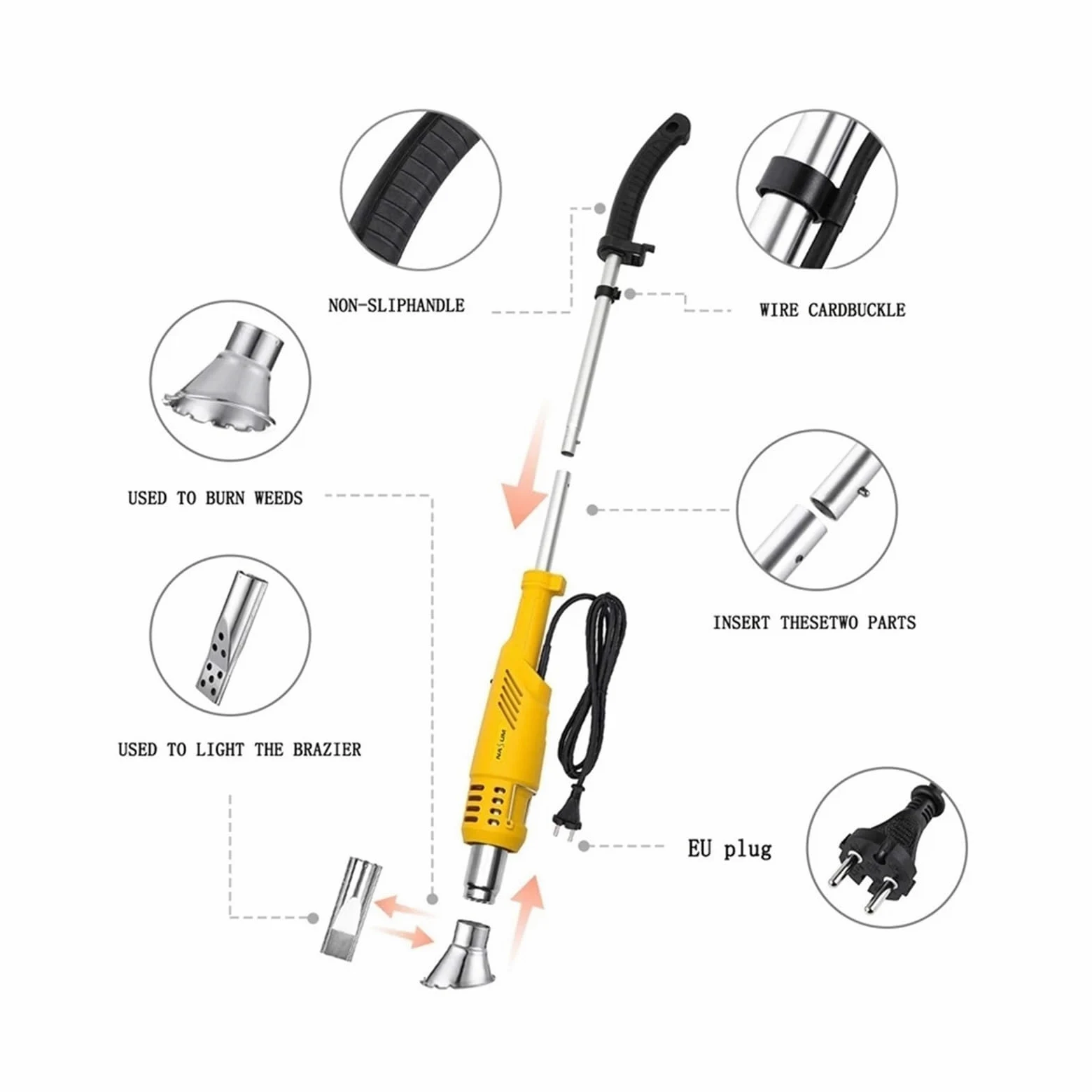 Désherbeur thermique électrique 2000W, brûleur de mauvaises herbes, tondeuse à gazon, désherbant Air chaud jusqu'à 650 °C, outils d'élimination l'herbe, flamme des,Haute Efficacité(Blauw)