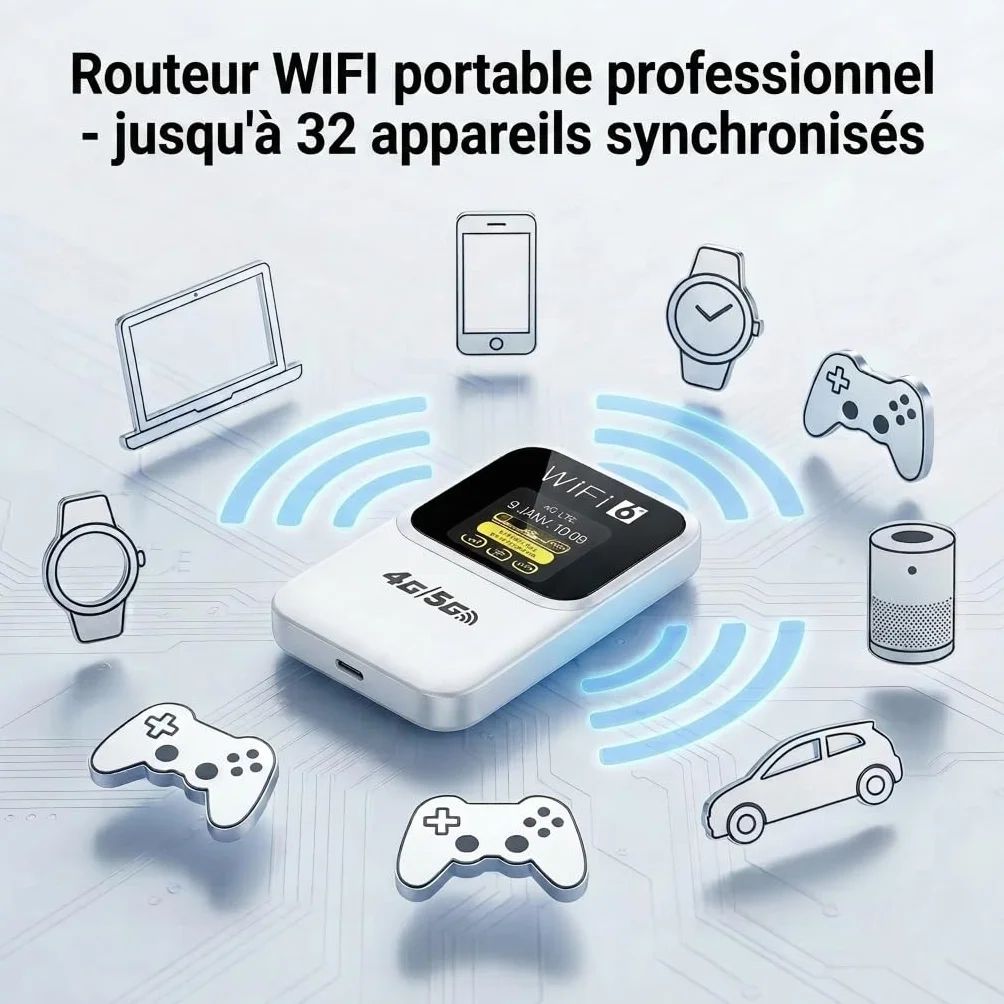 Routeur 5G Portable WiFi 6 Déverrouillé Modem Carte SIM Haut Débit 5G/4G+ 28 Appareils Voyage Télétravail