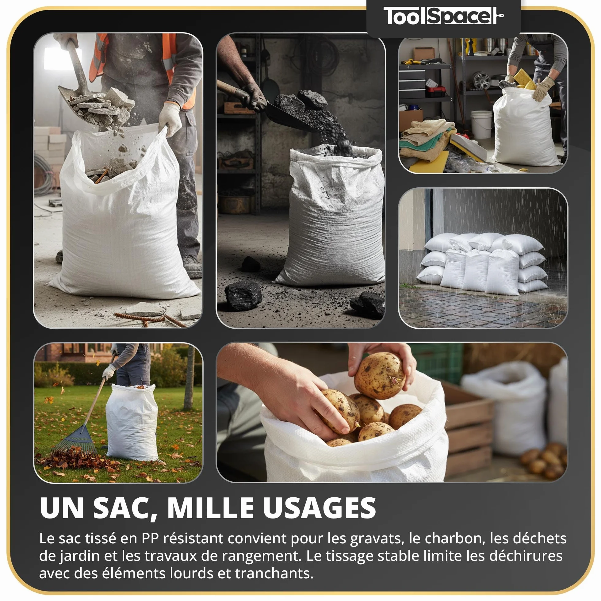 ToolSpace Sac à Gravats PP Tissé 65×105 cm Polypropylène 50 kg Réutilisable