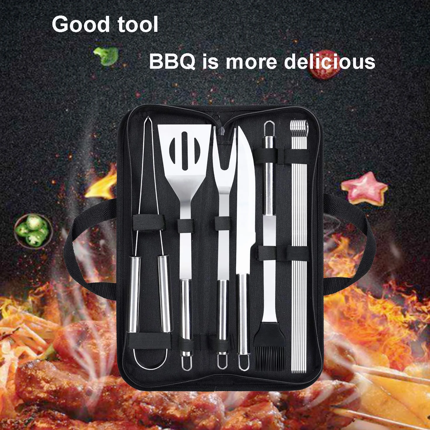 Outil de Barbecue en Acier Inoxydable Portable avec étui de Transport pour Camping