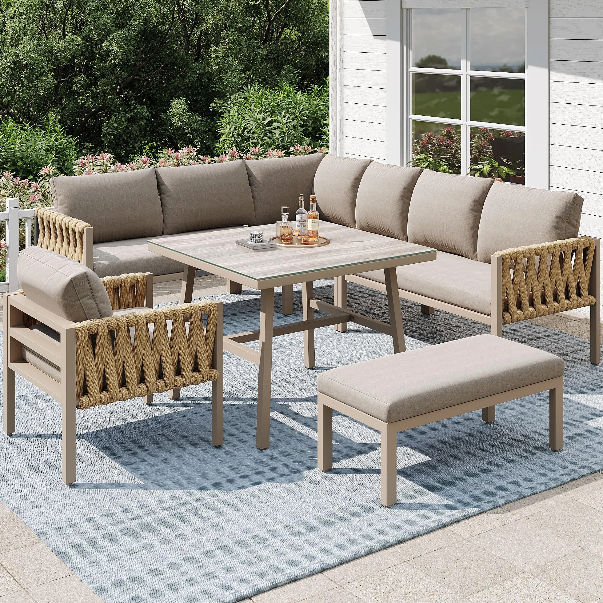 Ensemble Salon de Jardin Extérieur 8 Places Table Verre Trempé Métal Galvanisé Coussins Kaki 238x61x78 cm