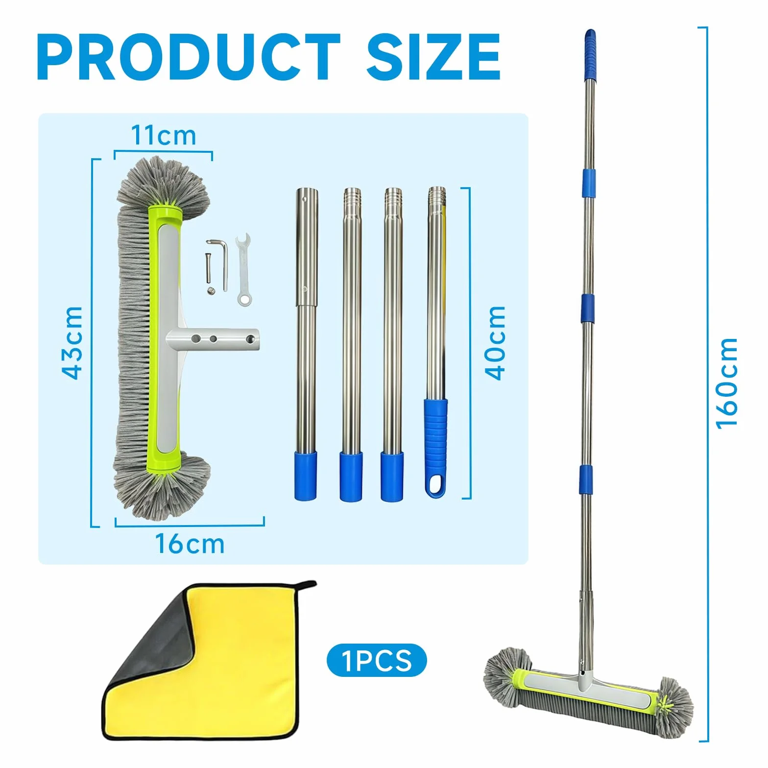 Balai Piscine 160CM Brosse Ultra Large 43CM avec Chiffon Nettoyage Outil Nettoyage pour Piscine Spa