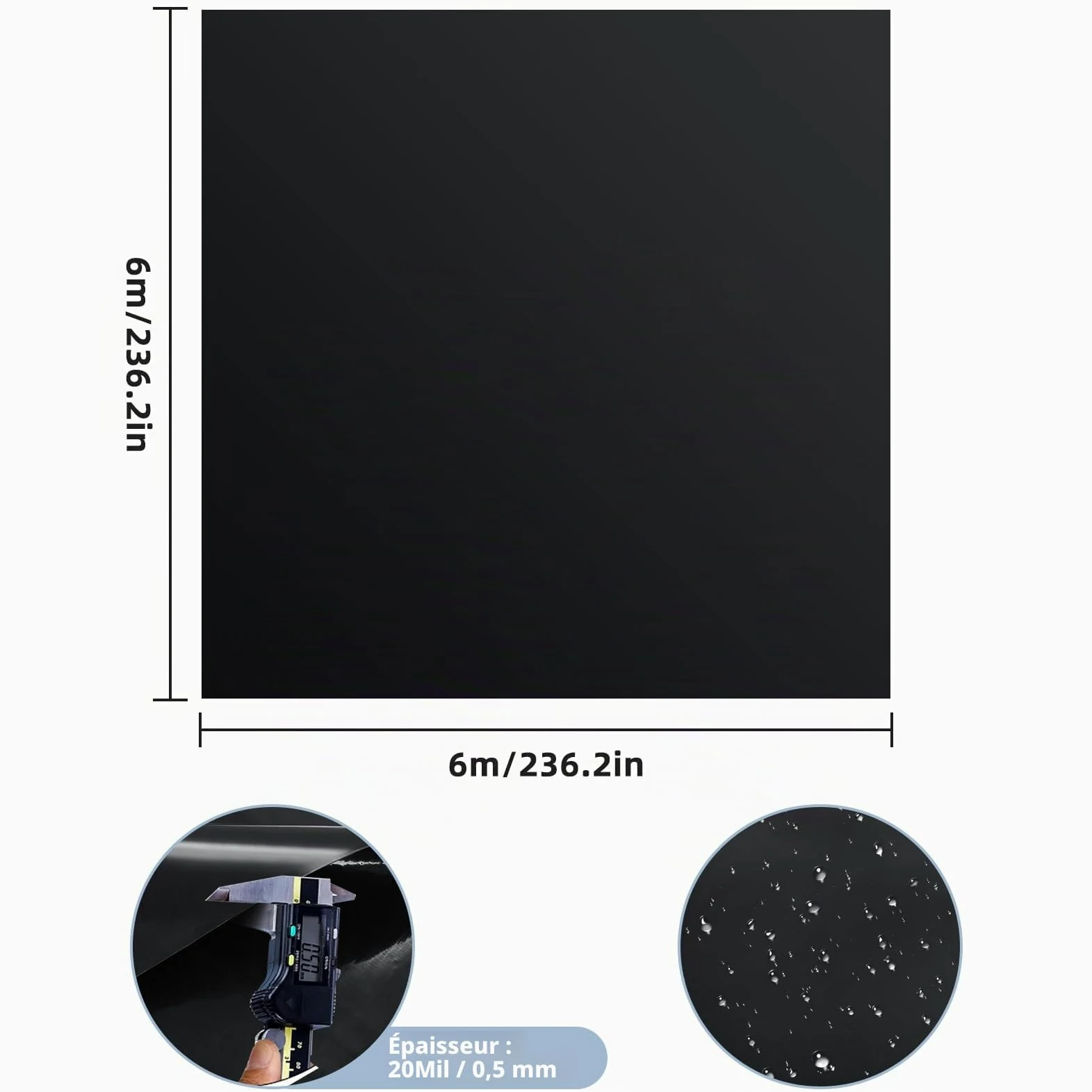 Bâche de Bassin en PVC de qualité supérieure 6x6M, Noire, en PEHD, très résistante, Film d'étanchéité pour Bassin de baignade, bassins à Poissons, fontaines, Jardins Aquatiques et Cascades