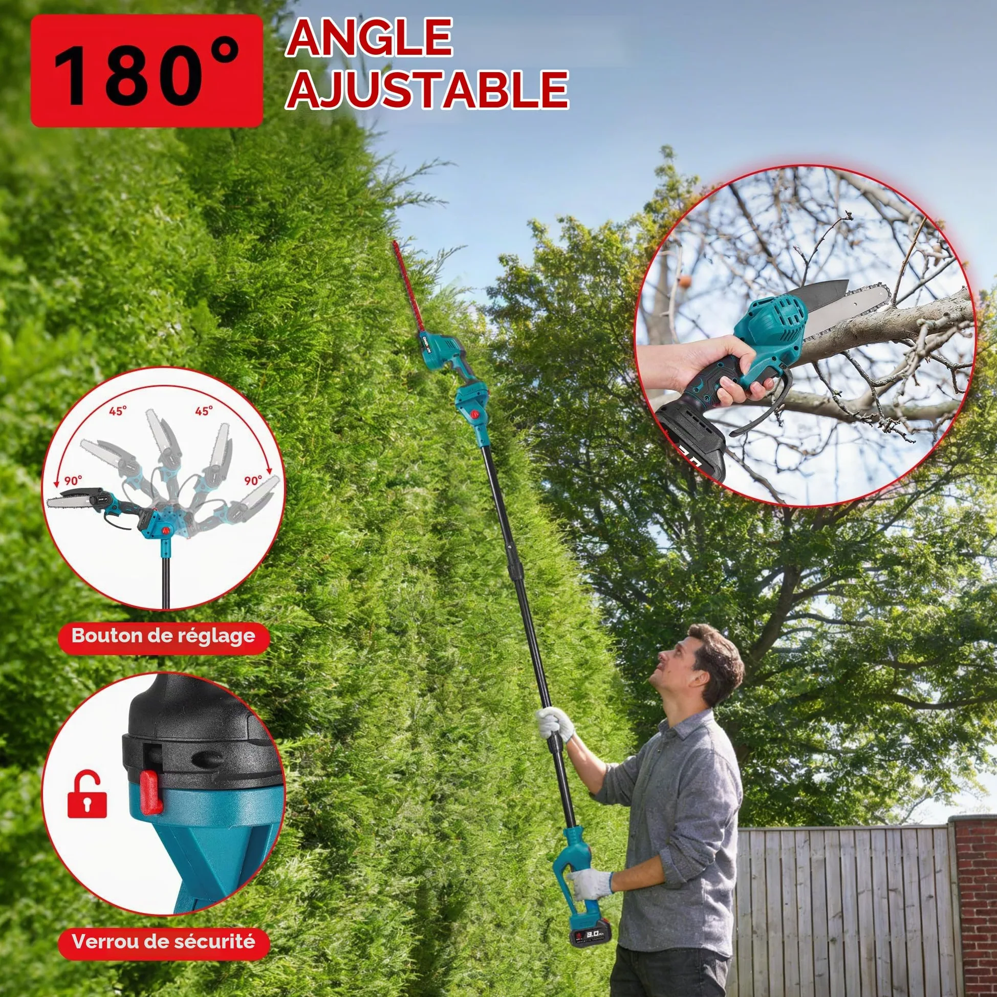ONEVAN Taille-haie Télescopique & Tronconneuse Sans Fil, Orientable 180° | 2 batteries 3,0Ah, perche télescopique 2,25m, tronçonneuse de 6" et taille-haie 30cm, brushless, pour l'élagage en hauteur