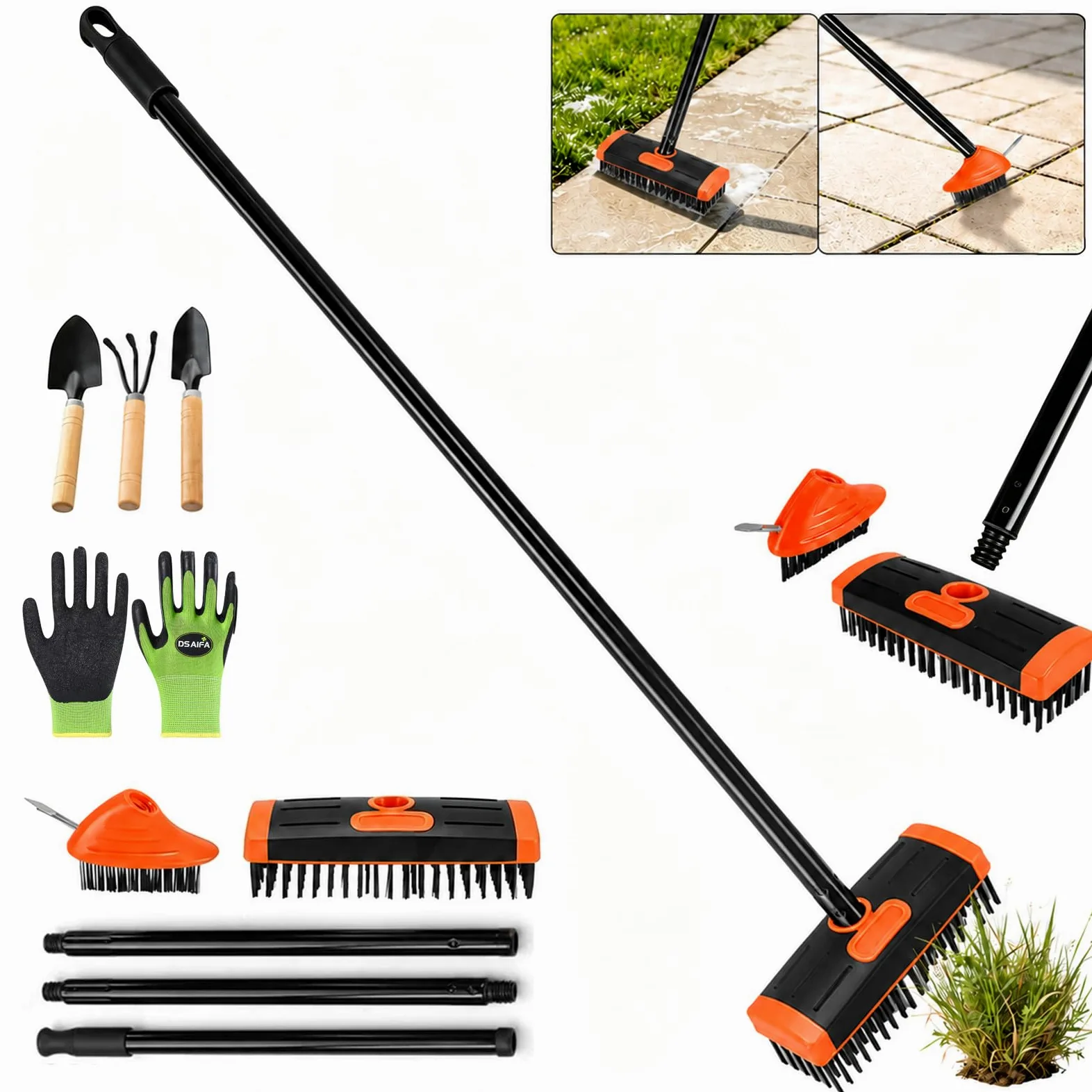 Brosse Désherbante de Terrasse 3-en-1 avec Manche Télescopique 80-140 cm, Brosse de Pavage en Fil d'acier, Grattoir à Joints et Balai pour Pavés, Allées, Terrasses (Orange)