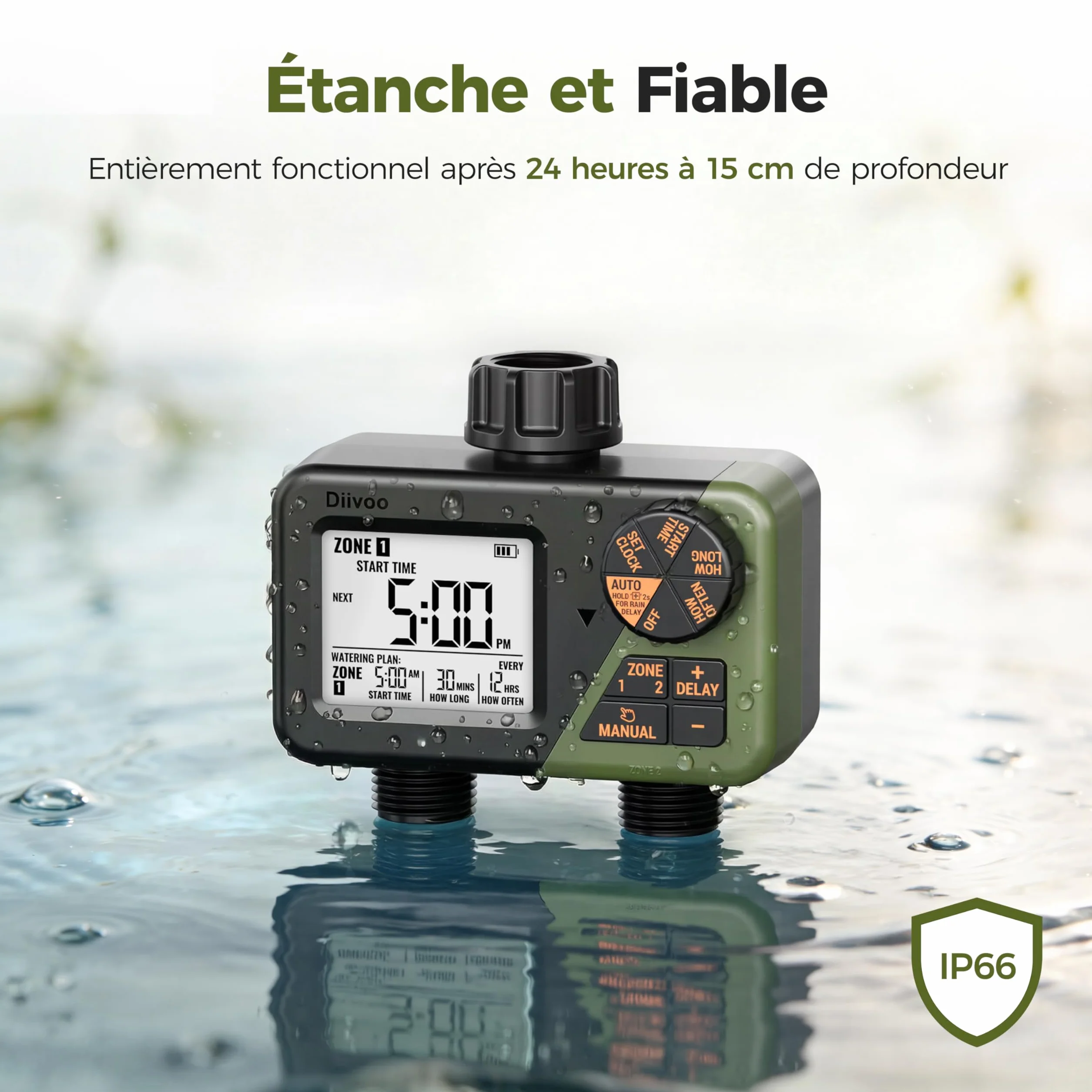 Diivoo RF Télécommande Programmateur Arrosage 2 Voies IP66 Grand Écran LCD