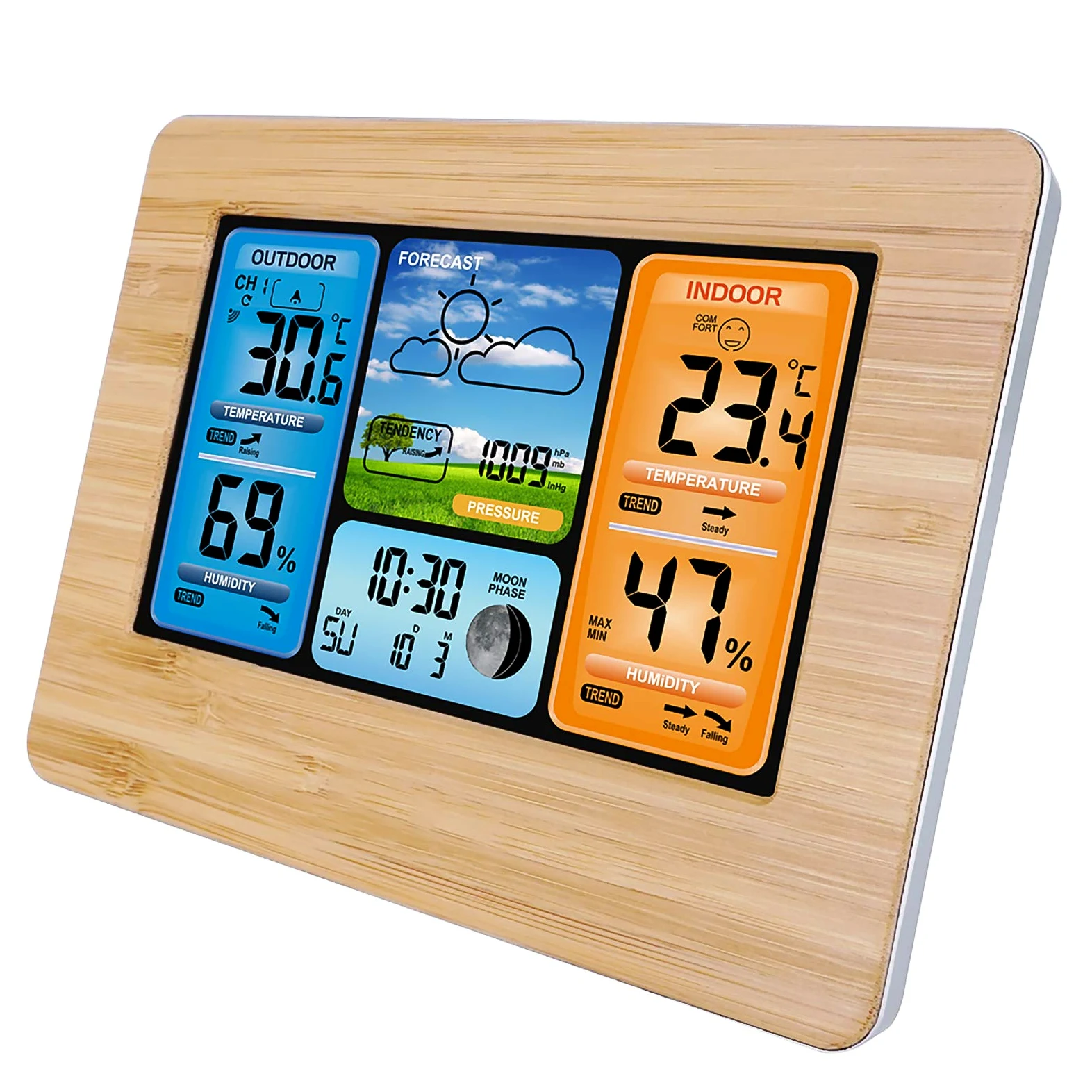ALLOMN Stations Météo Sans Fil avec Capteur Intérieur Extérieur, Station Météo Numérique LCD avec Alerte/Température/Humidité/Barométrique/Prévisions/Réveil pour Maison Bureau Jardin (RF Jaune)