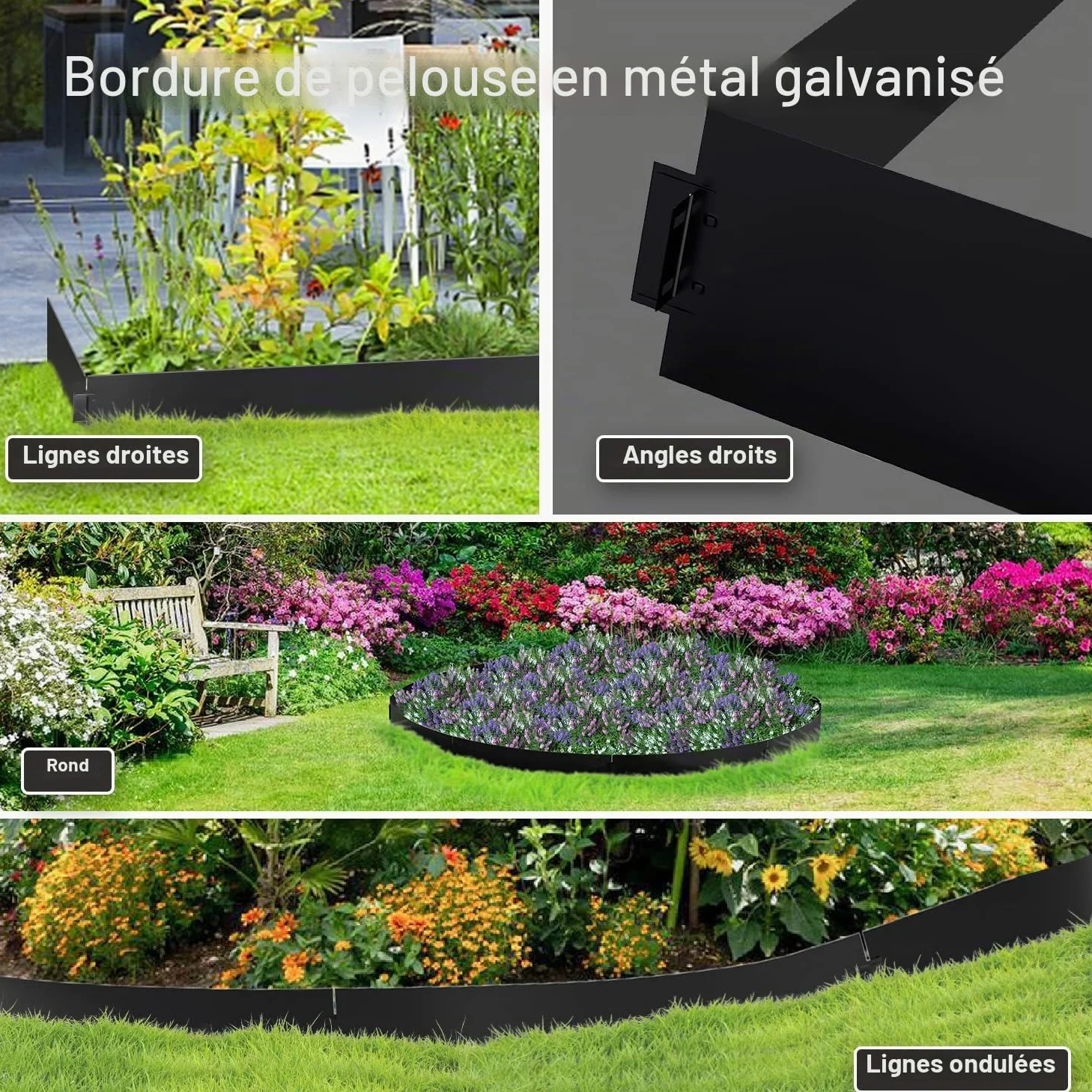 Bordure de gazon en métal 15m pour parterres de fleurs - Galvanisé 100x18 cm - Bordure de pelouse en métal servant de barrière racinaire, Noir
