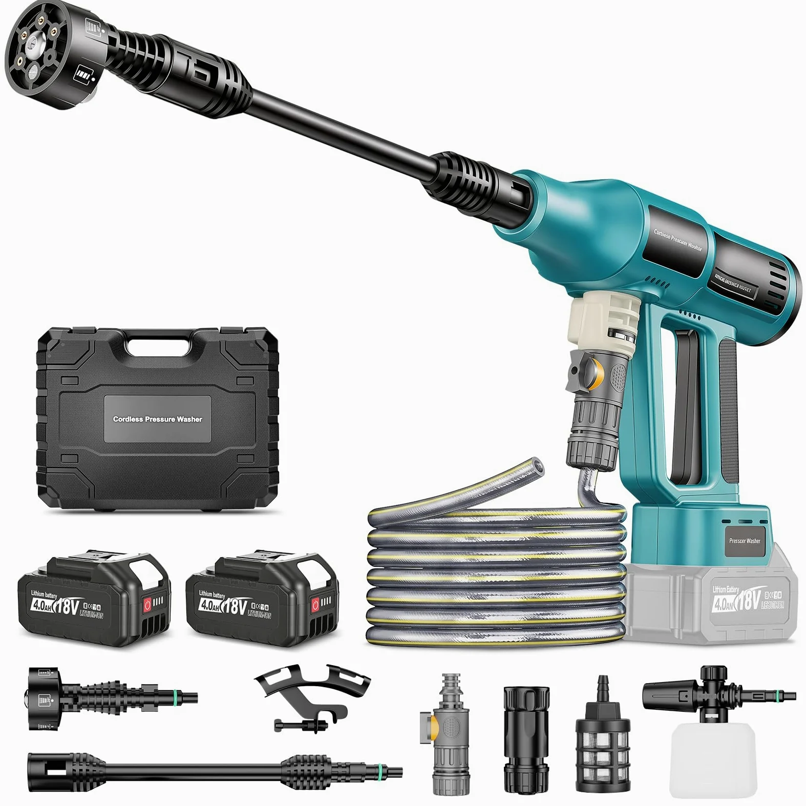 Nettoyeur Haute Pression à Batterie 80Bar à Batterie Compatible avec Batteries Makita 18V, Nettoyeur Haute Pression sans Fil avec 2 Batteries de 4,0 Ah, buse 6 en 1, pulvérisateur de Mousse, Filtre