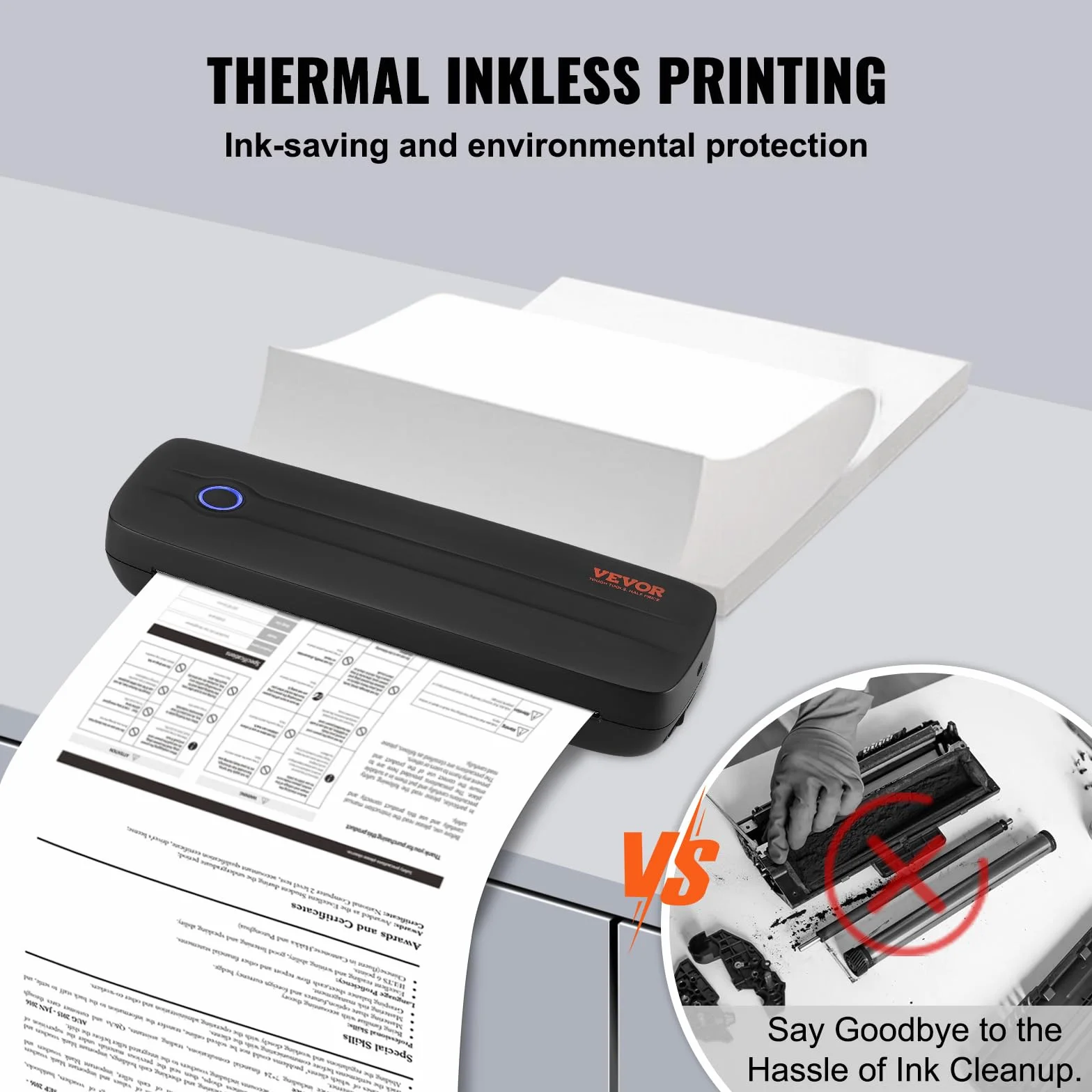 VEVOR Imprimante Thermique Portable sans Fil 203 DPI, Mini Bluetooth sans Encre pour Papier A4/A5