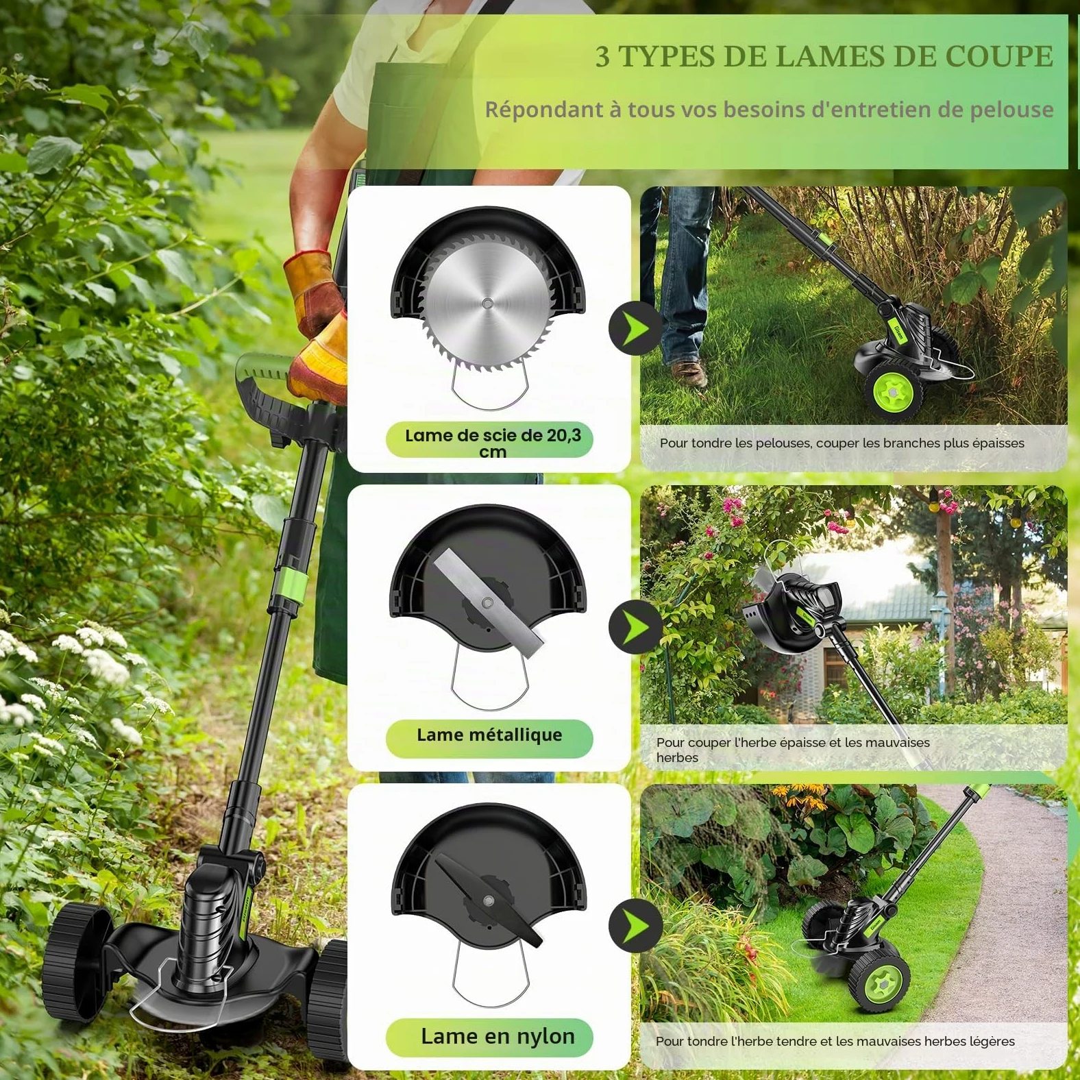 Tondeuse à Gazon avec Batterie,8" Débroussailleuse sans balais avec 2x4.0AH de Batterie, Coupe-Bordure de Jardin avec 3 Types de Lames, Roues Amovibles, Réglage télescopique pour Gazon Jardin