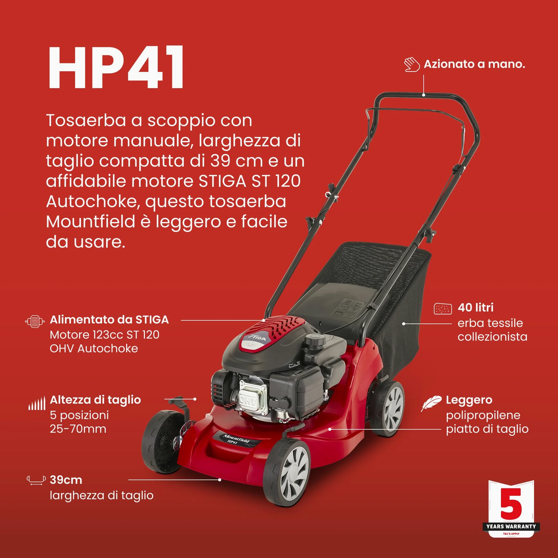 Mountfield Tondeuse Rotative HP41, 123 cm³, 39 cm – Bac 40 l, Châssis Polypropylène Léger – Jardins jusqu'à 20 m x 20 m