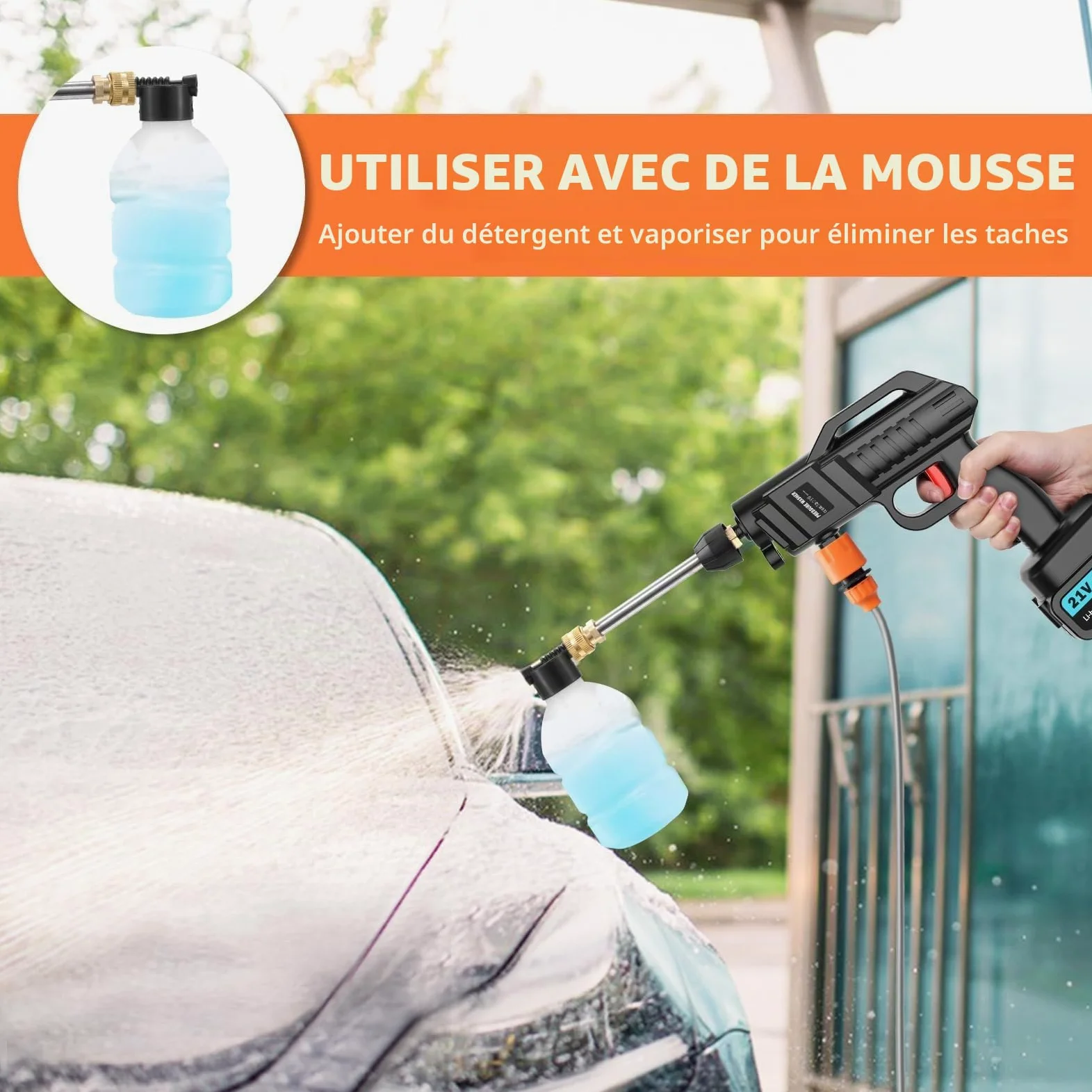 Nettoyeur Haute Pression sans Fil 100 Bar 270 l/h | Pistolet Portable avec 2 x 3000 mAh | Pistolet de Lavage Mobile 6 en 1, buse réglable 5 m pour Balcon, Voiture, Garage