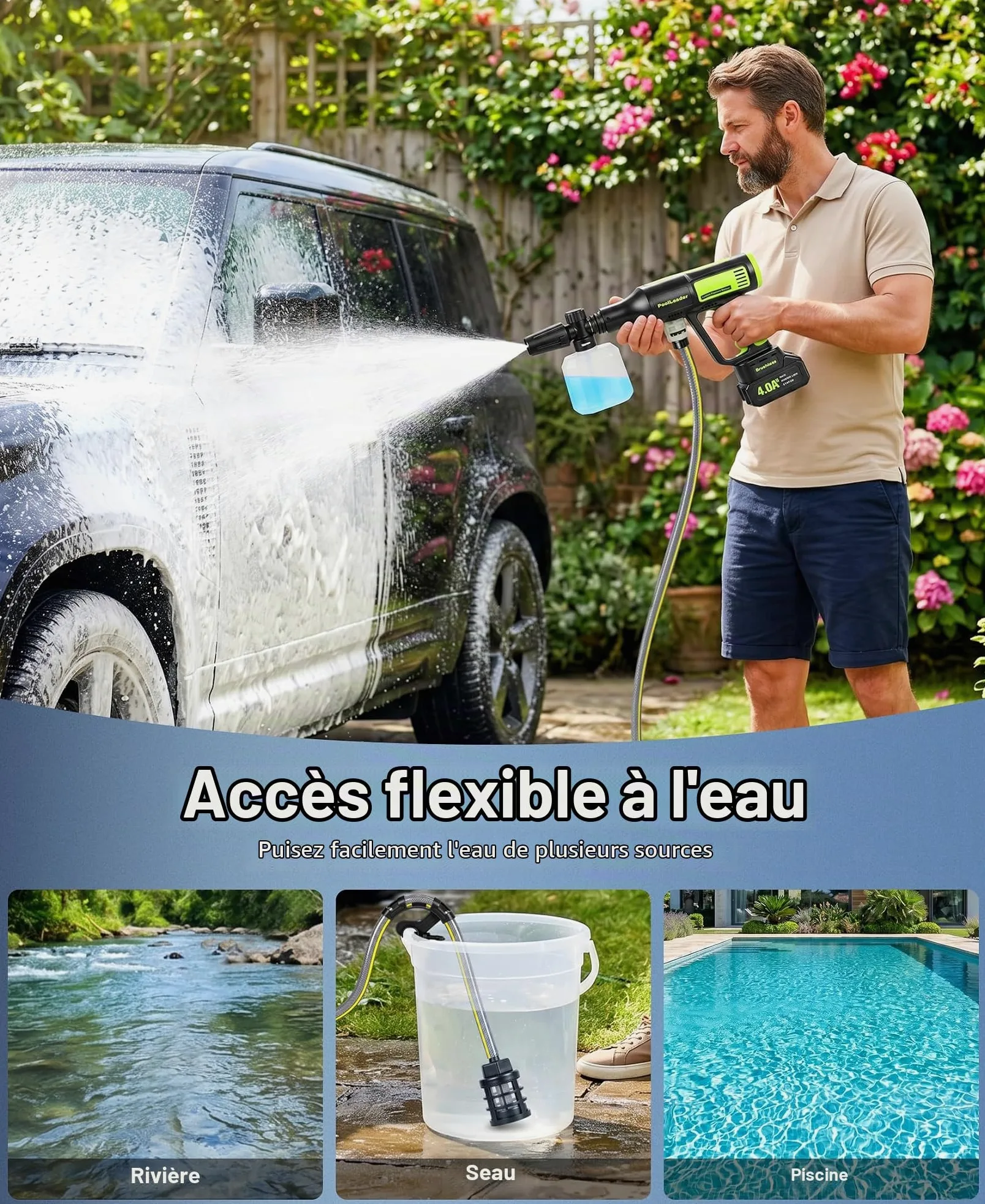 Nettoyeur Haute Pression Batterie, sans Balais Nettoyeur Haute Pression | 50Bar Portable Nettoyeur Haute Pression avec Réglage la Puissance à 4 Niveaux & Écran LCD,6-en-1 Buse Pistolet Haute Pression