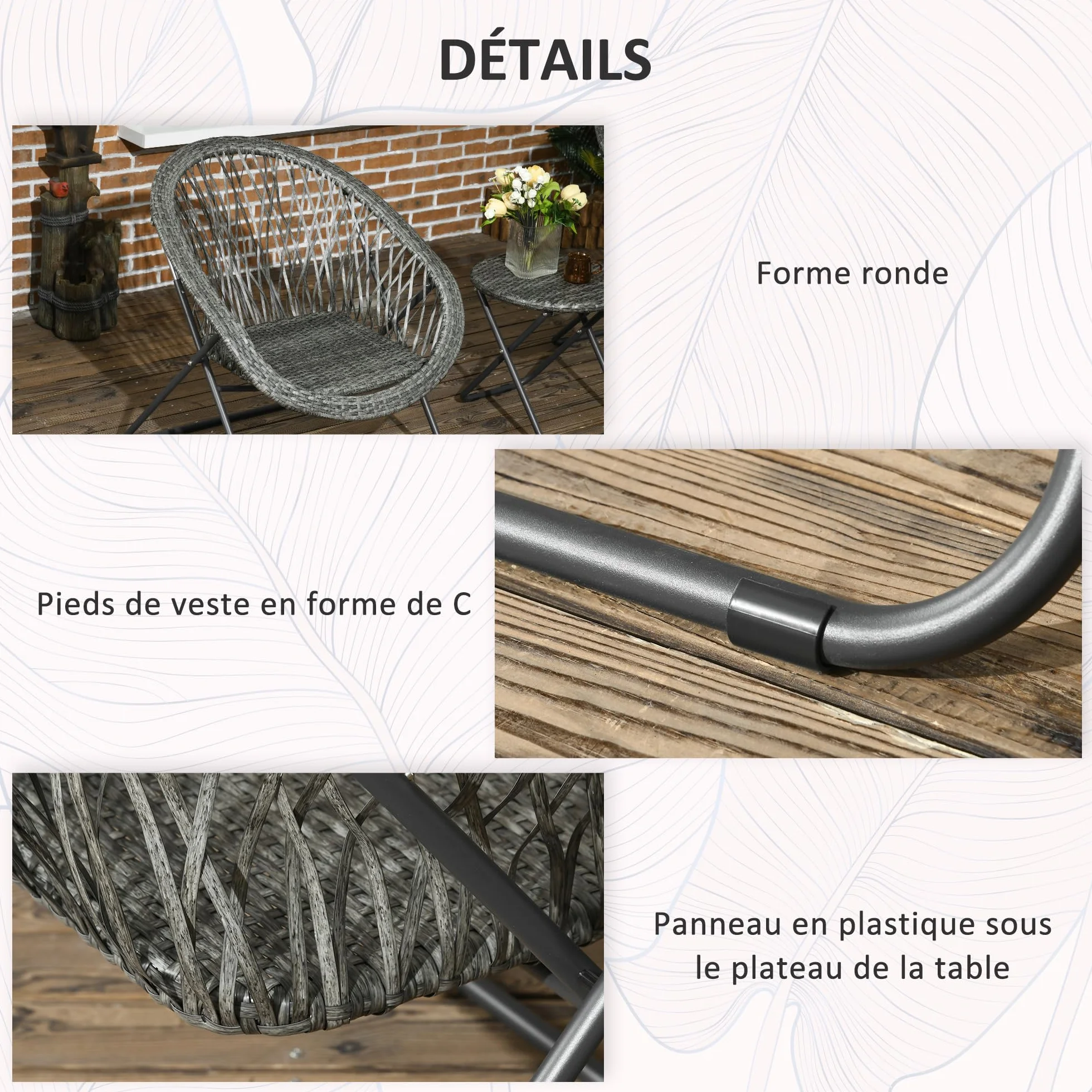 Outsunny Salon de Jardin extérieur résine Ensemble Table et chaises 2 Personnes Pliables Acier Gris