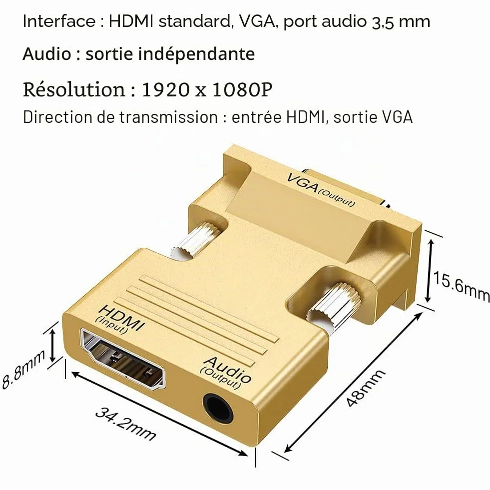Adaptateur HDMI vers VGA 1080P Femelle vers Mâle Convertisseur Câble Audio Vidéo 3,5 mm