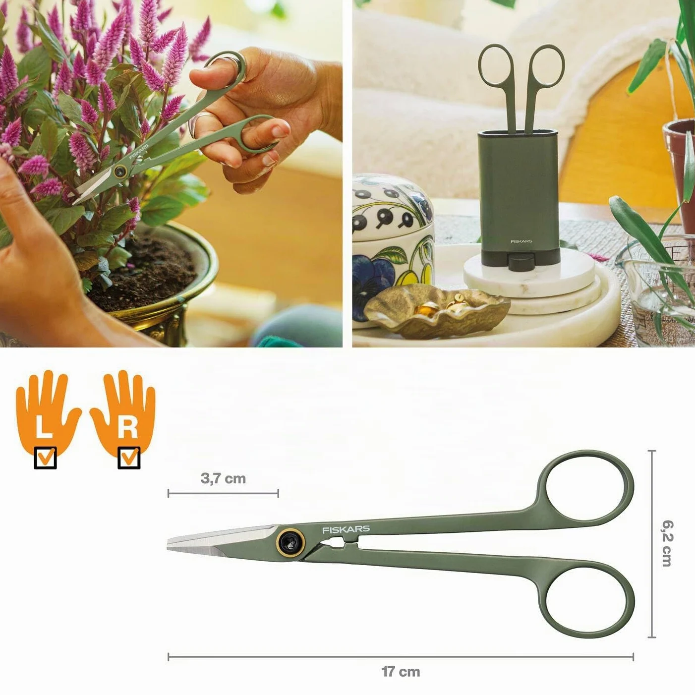 Fiskars Kit de Taille 3 Outils, Jardinage d'Intérieur | Sécateur de Précision, Sécateur et Cisailles pour Plantes avec Support, Acier Inoxydable/Plastique, Vert Foncé/Noir, 1075317