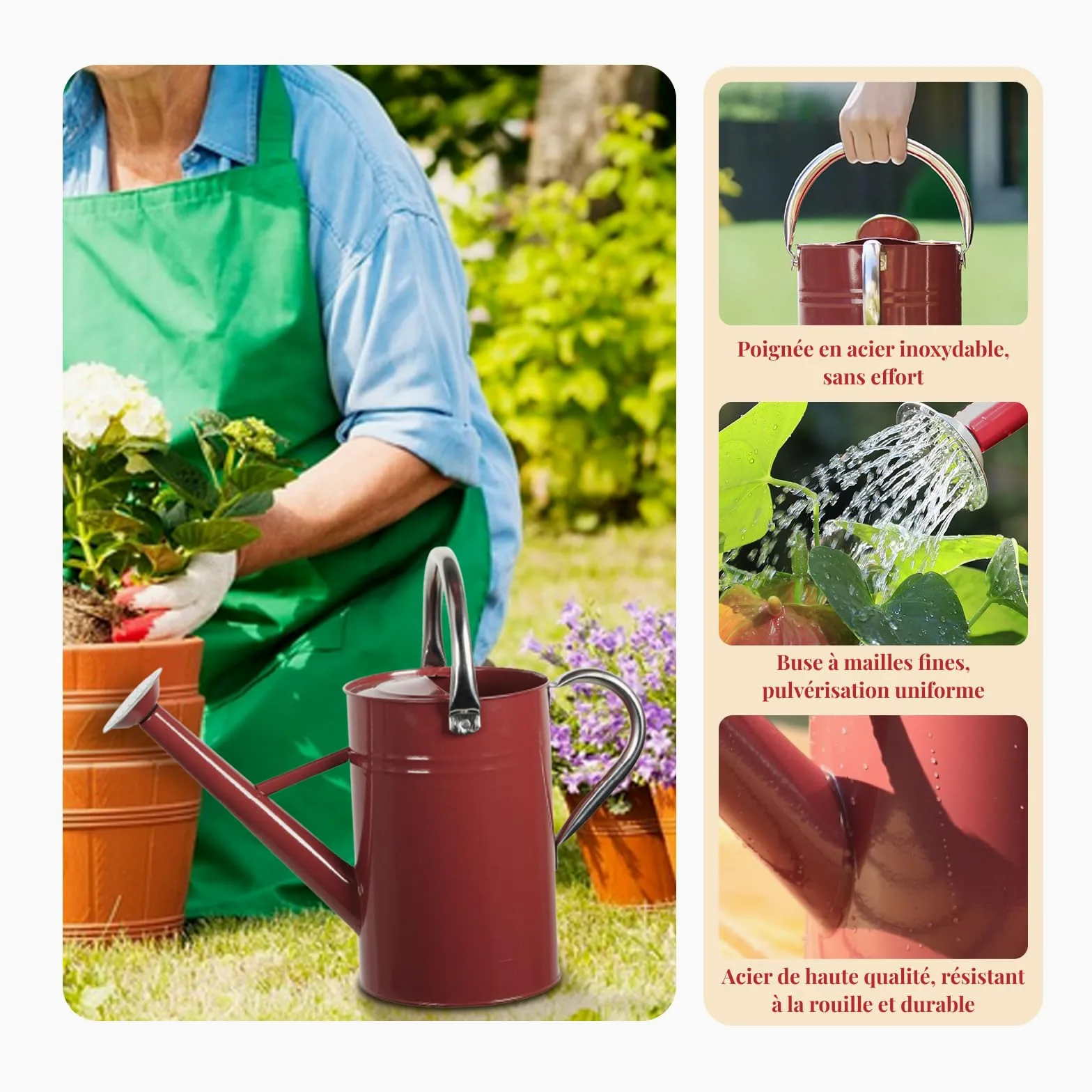 Arrosoir Jardin 5L, Arosoires Extérieur, Arrosoir en Métal pour Plantes Interieur avec Bec Amovible, Arrosoir à Fleurs avec Poignée Incurvée, Anti-Fuite, Construction Robuste et Antirouille, Rouge