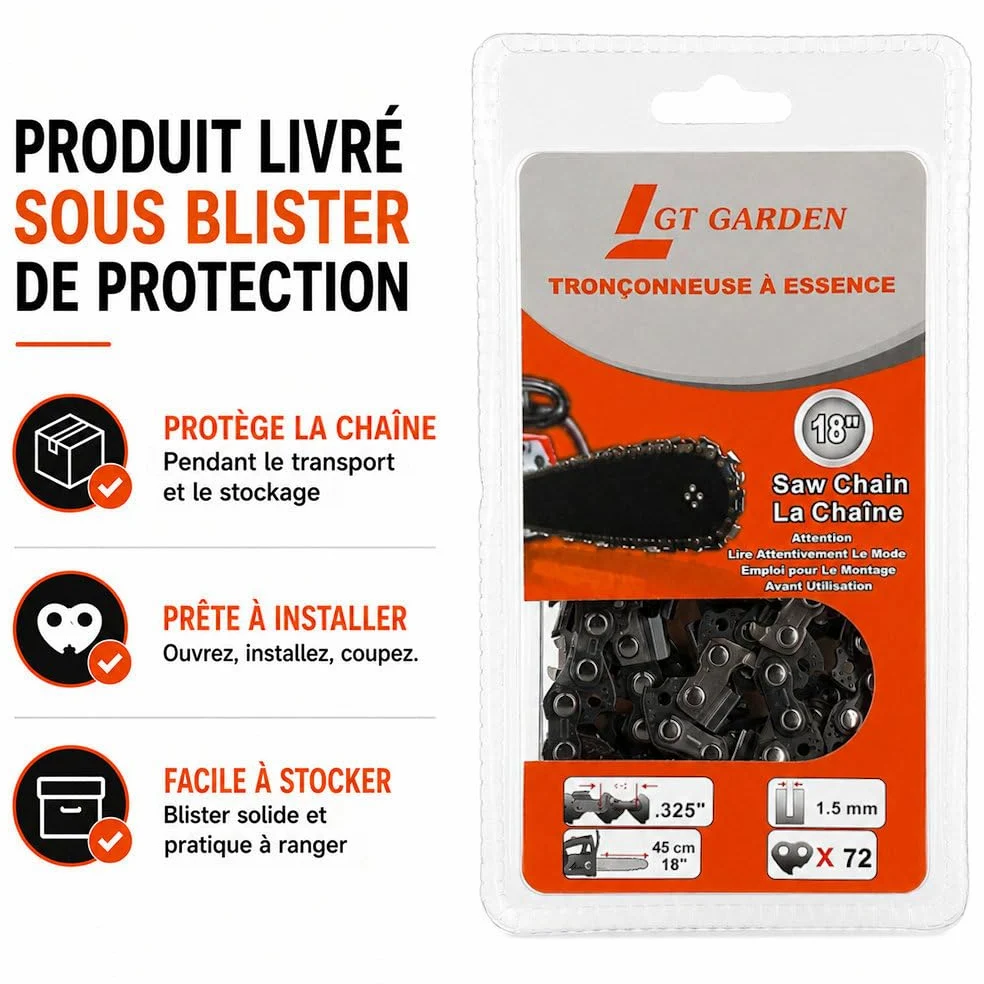 Guide 18 pouces (45 cm) avec lot de 3 chaînes 72 maillons pour tronçonneuse