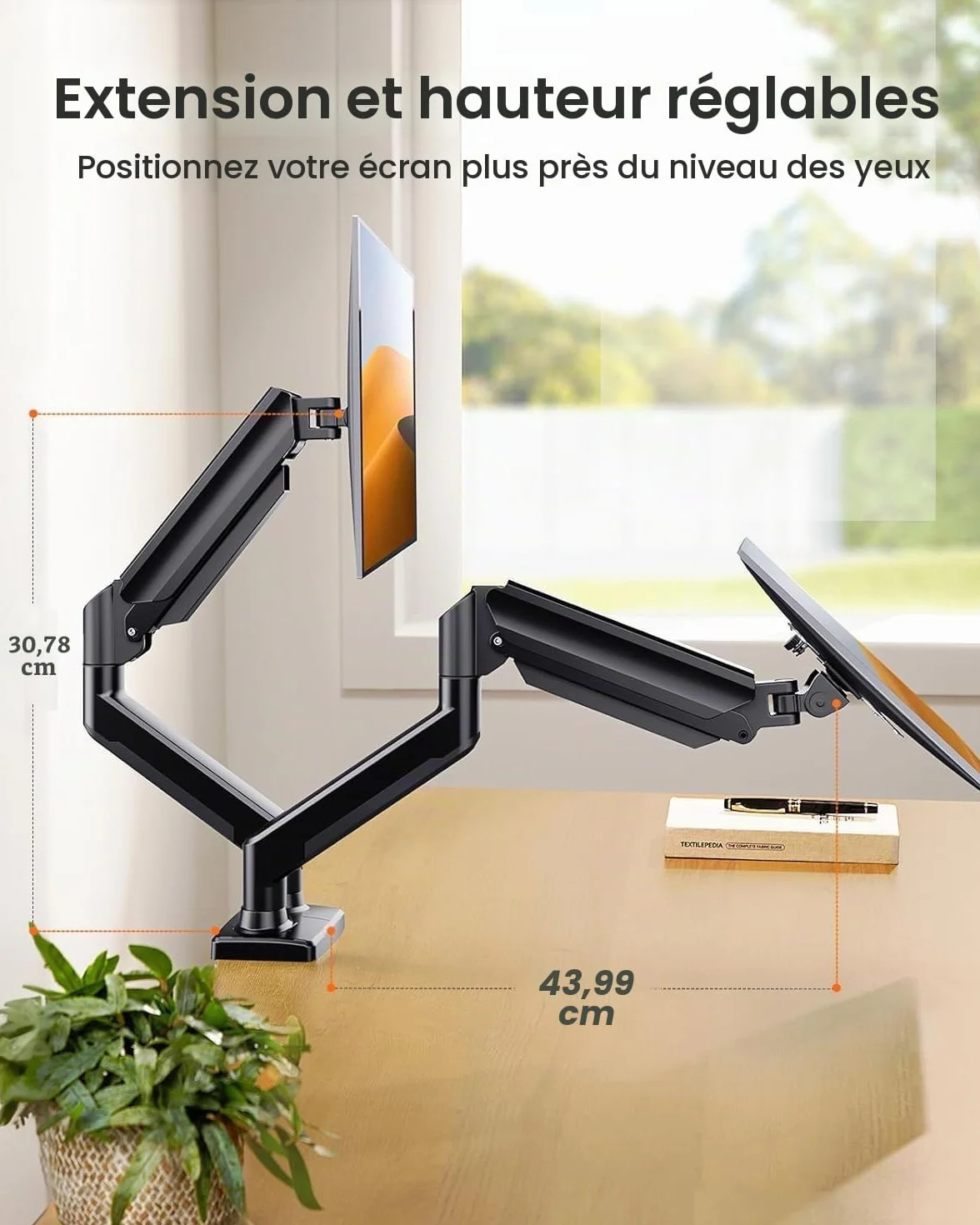 ErGear Support Double Écran PC 17-32 Pouces, Bras pour Écran PC Capacité 2-10 kg, Réglable, Pivotant 180°, Inclinable, Rotation 360°, VESA 75x75/100x100